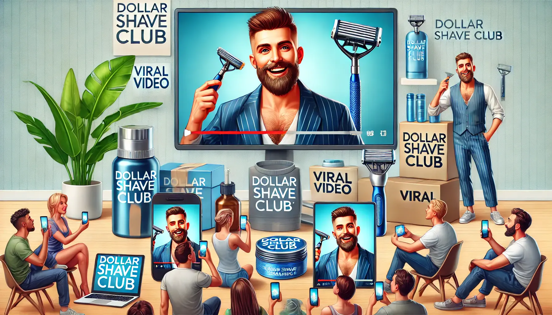 An illustration showing a humorous viral video campaign with a person presenting a shaving product in a casual setting, displayed on devices.