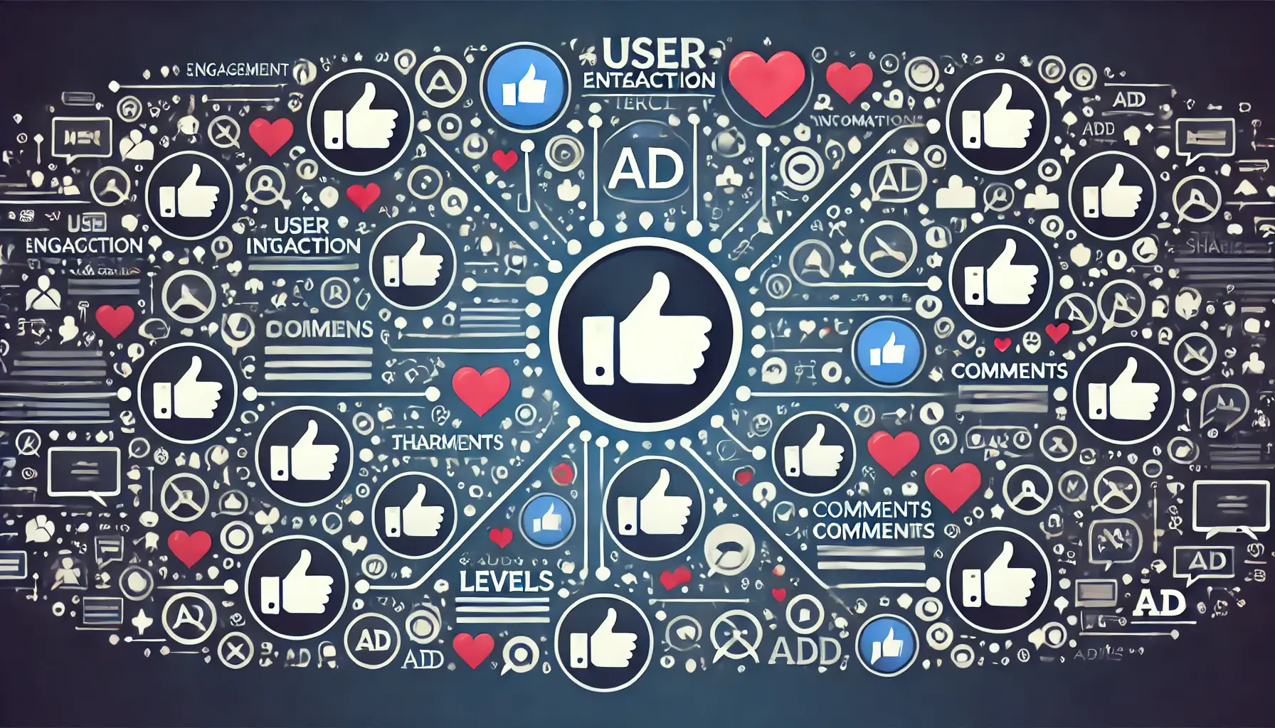 An illustration showing symbols of user interaction such as hearts, thumbs up, and comments, emphasizing audience engagement with ads.