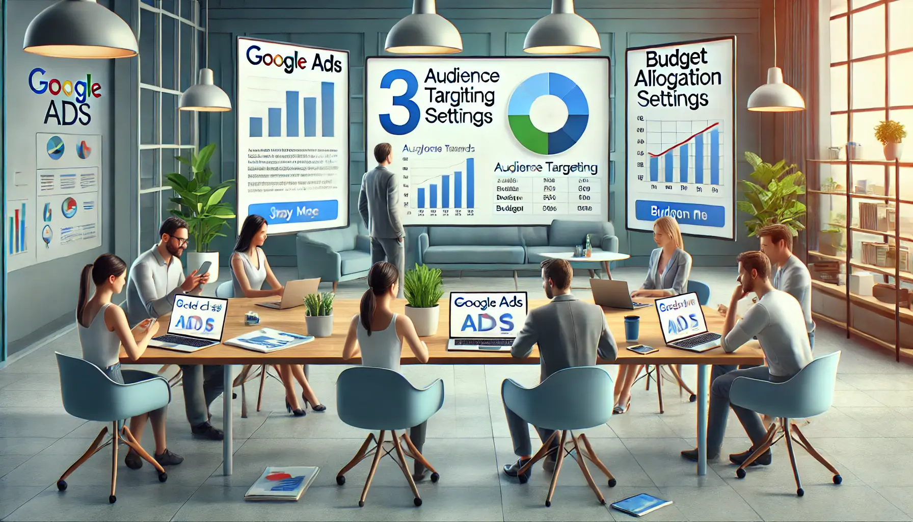 A marketing team collaborating over a screen displaying Google Ads data, audience targeting, and budget allocation graphs in a modern office.