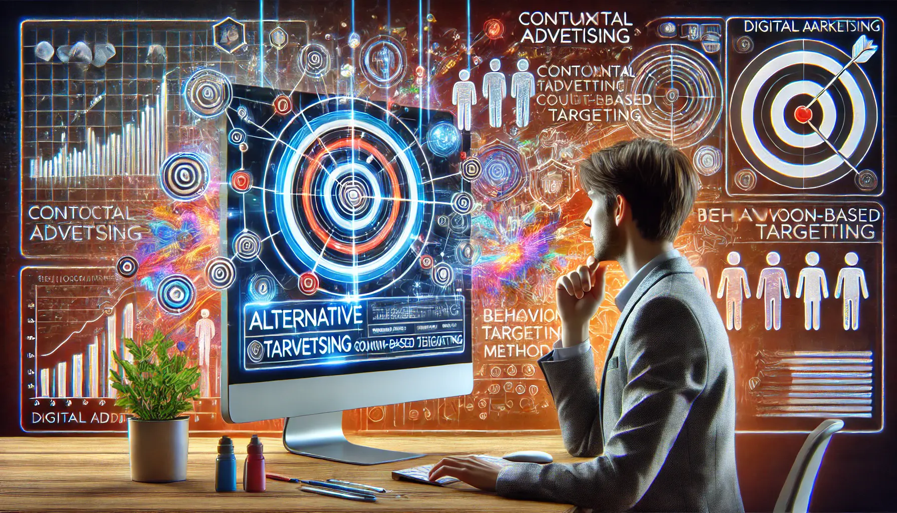 Digital artwork showing a digital marketer analyzing alternative targeting methods on a computer screen, including contextual advertising and cohort-based targeting.