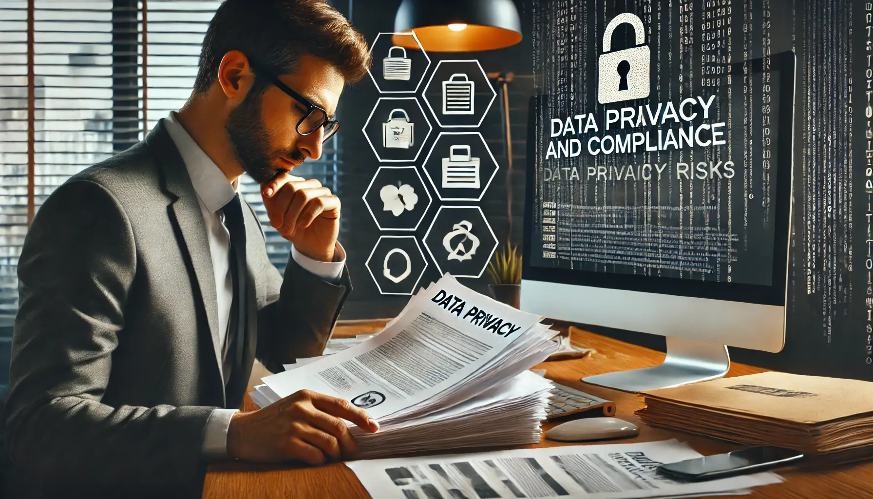 A professional reviewing documents and digital files with security concerns about data privacy and compliance.