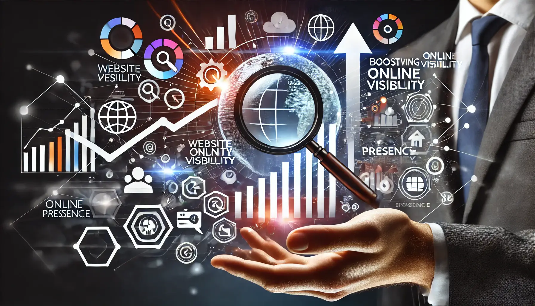 Abstract image symbolizing increasing online visibility, featuring digital search icons, growth symbols, and online presence metrics.