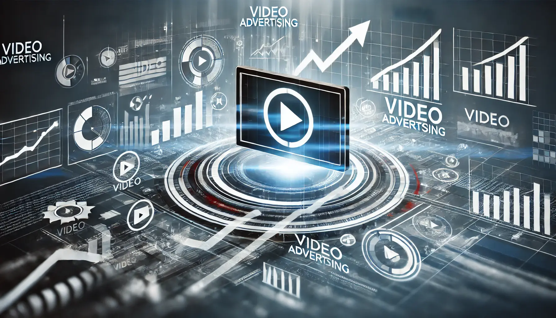 Abstract image symbolizing the growth of video advertising, featuring video icons, growth charts, and media platforms.