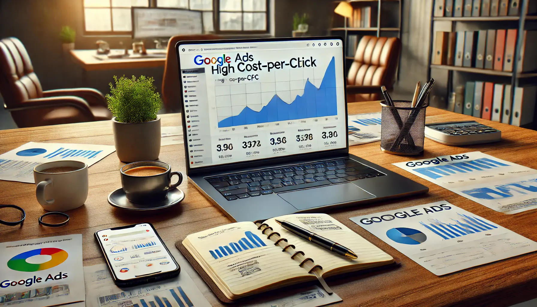 A laptop displaying a Google Ads dashboard with a graph showing high cost-per-click (CPC) metrics, surrounded by a smartphone, notebook, coffee cup, and performance charts in a modern office setting.