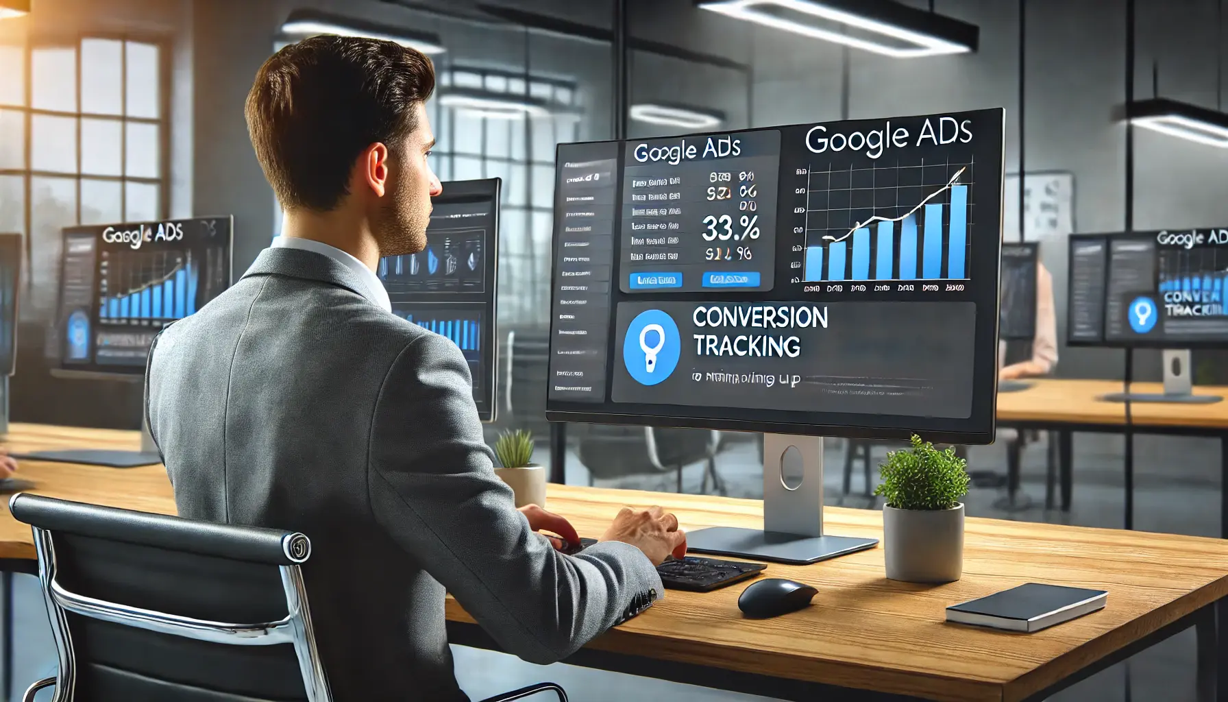 A digital marketing professional reviewing Google Ads data where conversion tracking is missing, with performance metrics and graphs highlighting the missing conversions in a modern office setting.