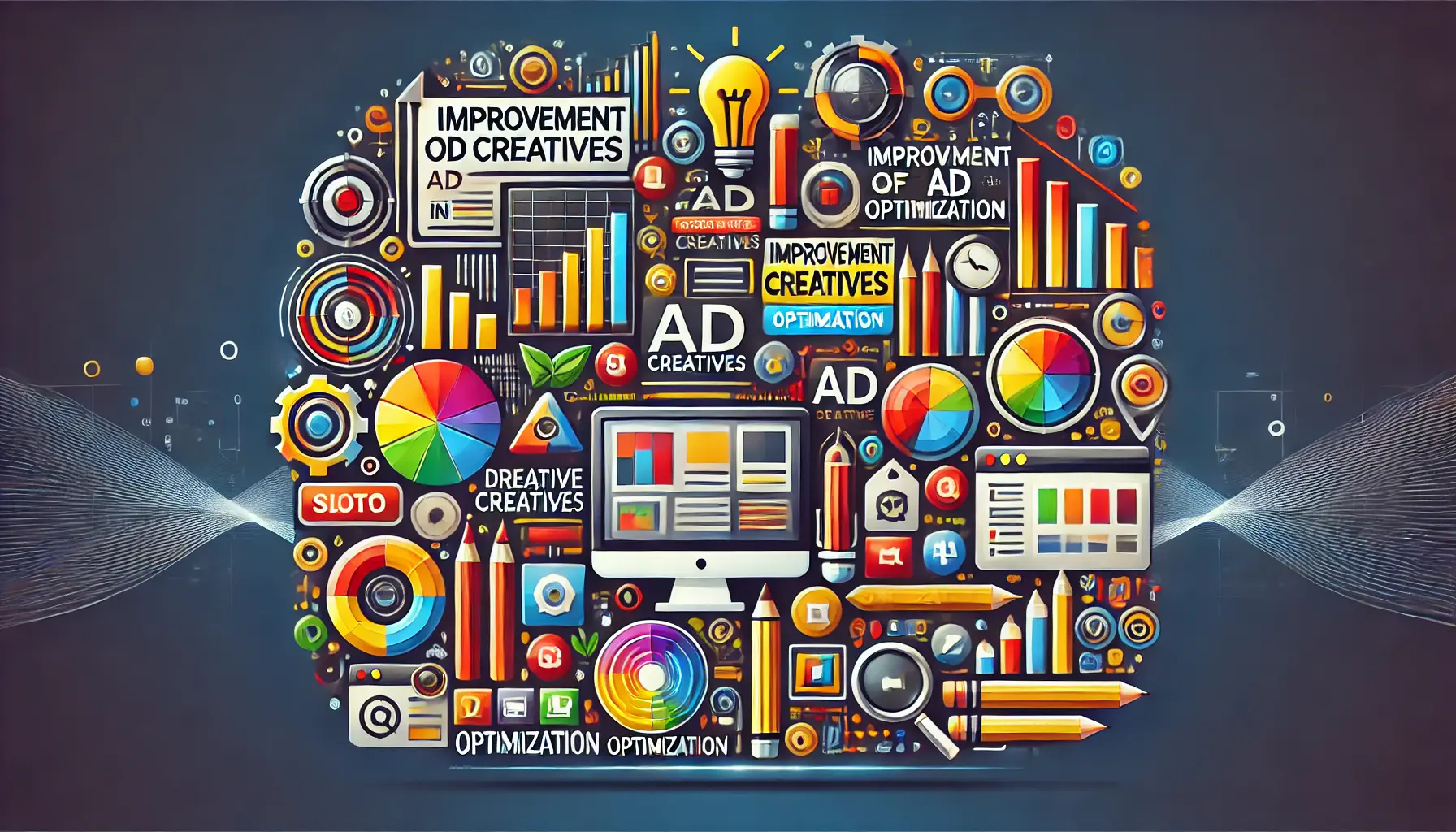 Abstract image symbolizing the improvement of ad creatives, featuring digital tools and vibrant design elements.