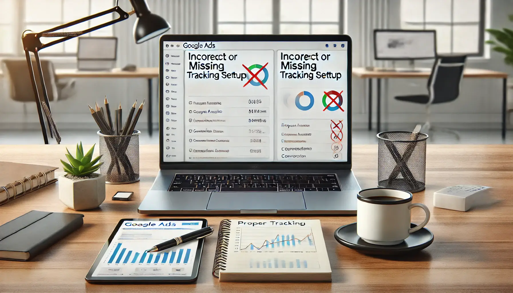 A laptop displaying the Google Ads interface with incorrect or missing tracking setup, set on a desk with a tablet, coffee mug, and notebook.