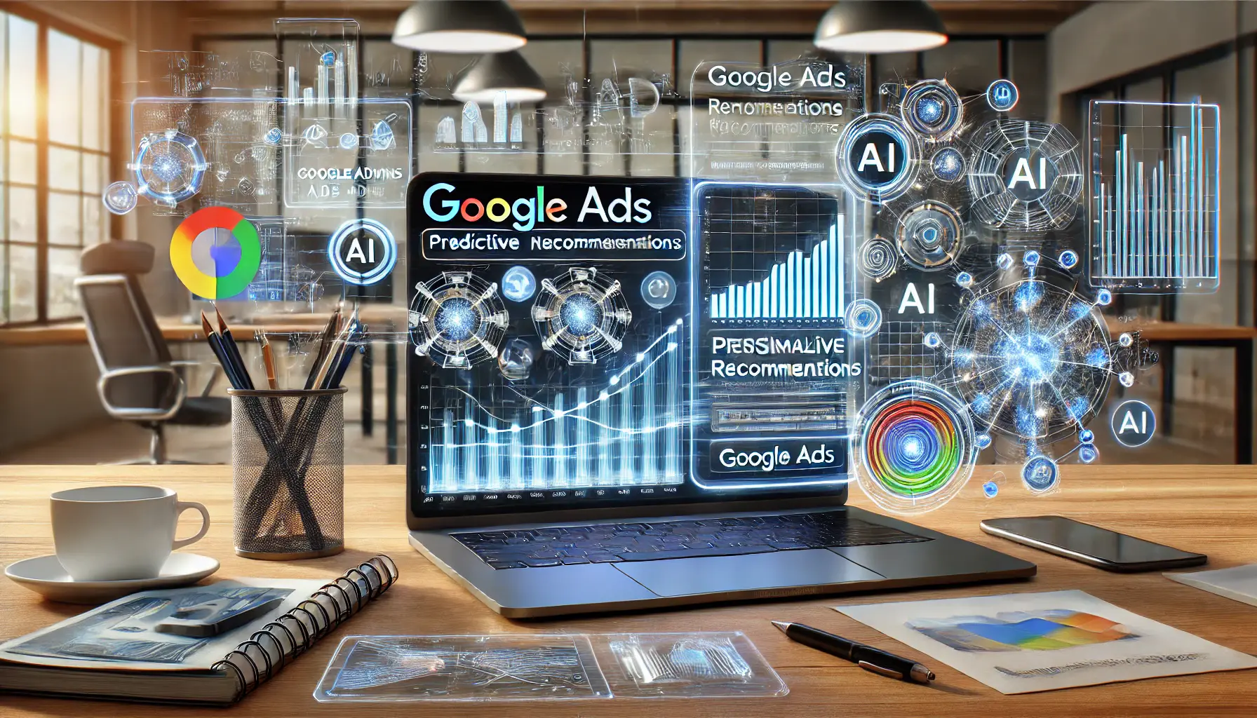 A digital workspace showcasing the integration of AI-powered tools in Google Ads for dynamic ad optimization.