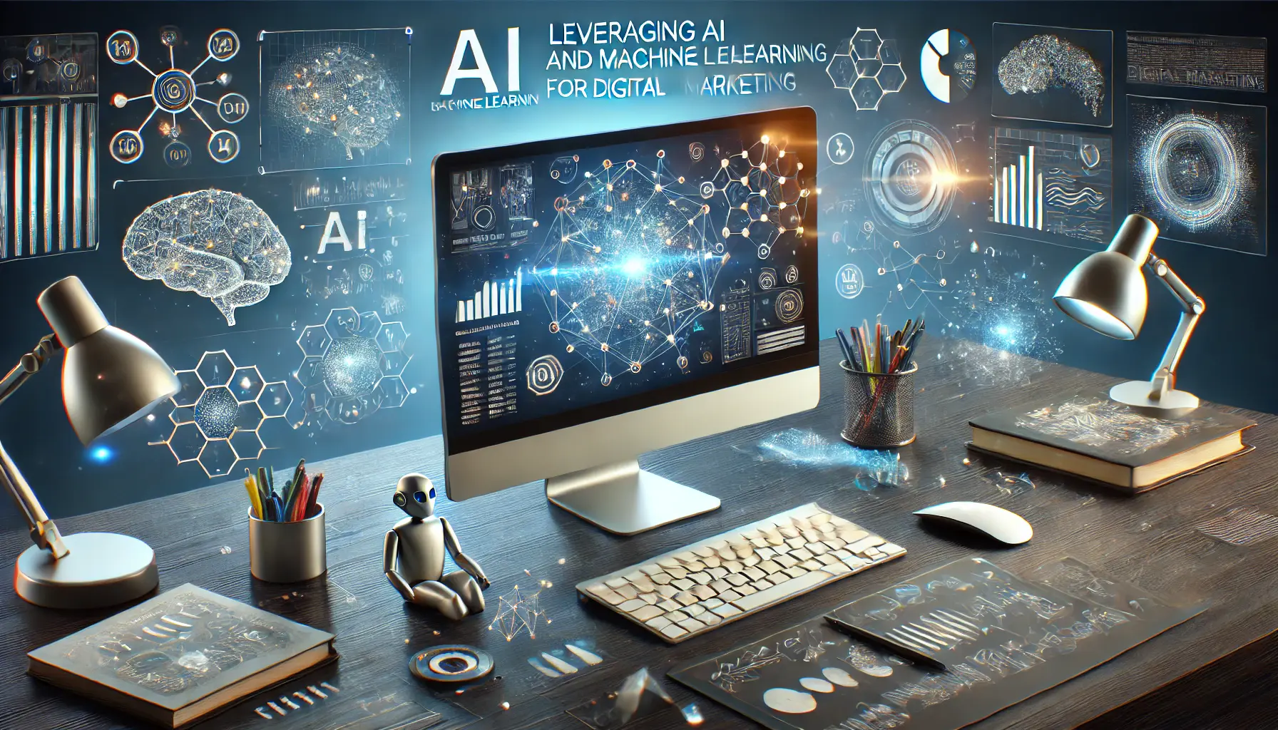 A modern digital workspace with a computer screen displaying AI-powered algorithms and machine learning models, surrounded by abstract visual elements representing neural networks and data analysis.