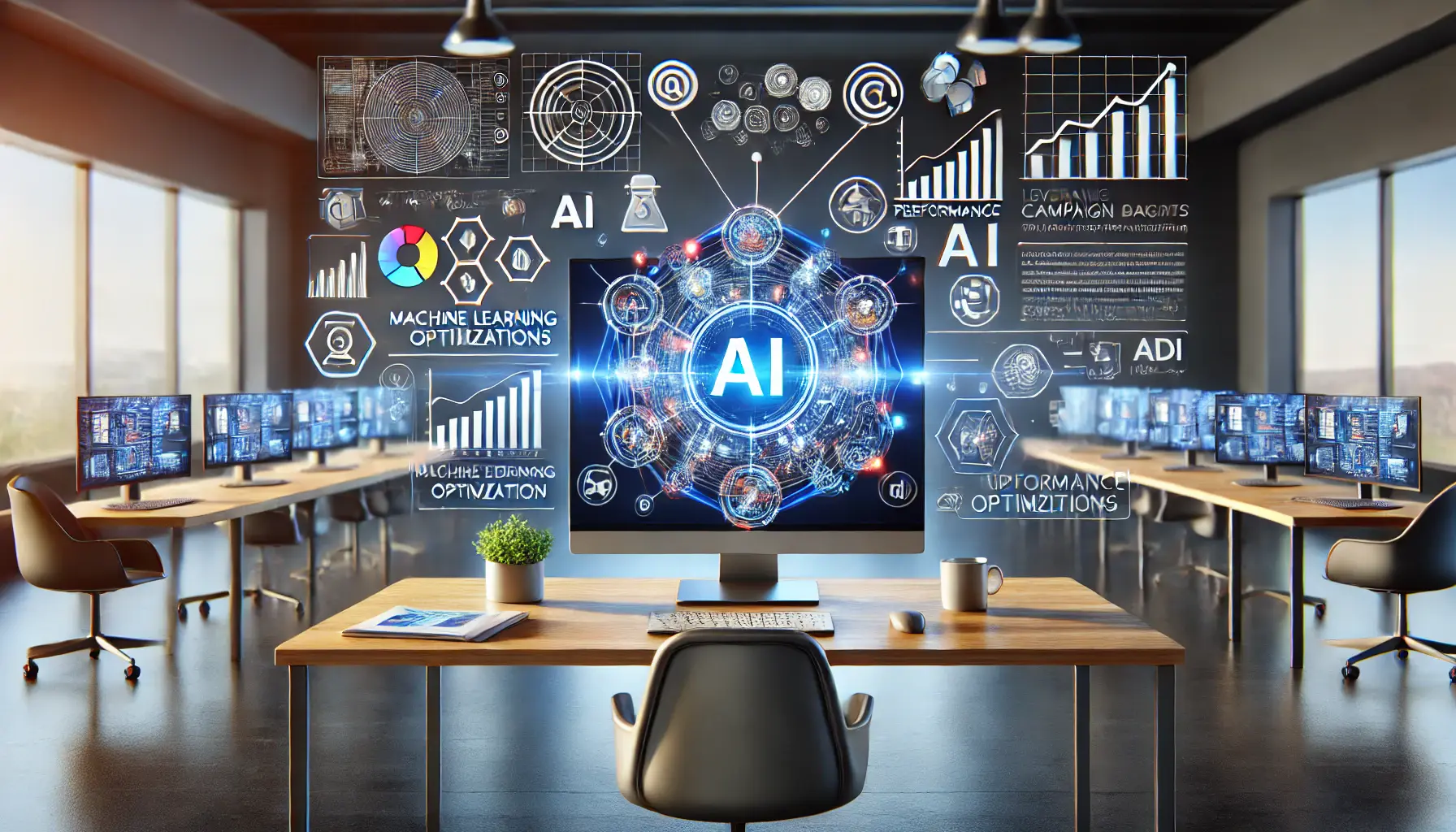 A modern digital marketing workspace showcasing AI-driven tools for campaign optimization, including machine learning and automated bidding.