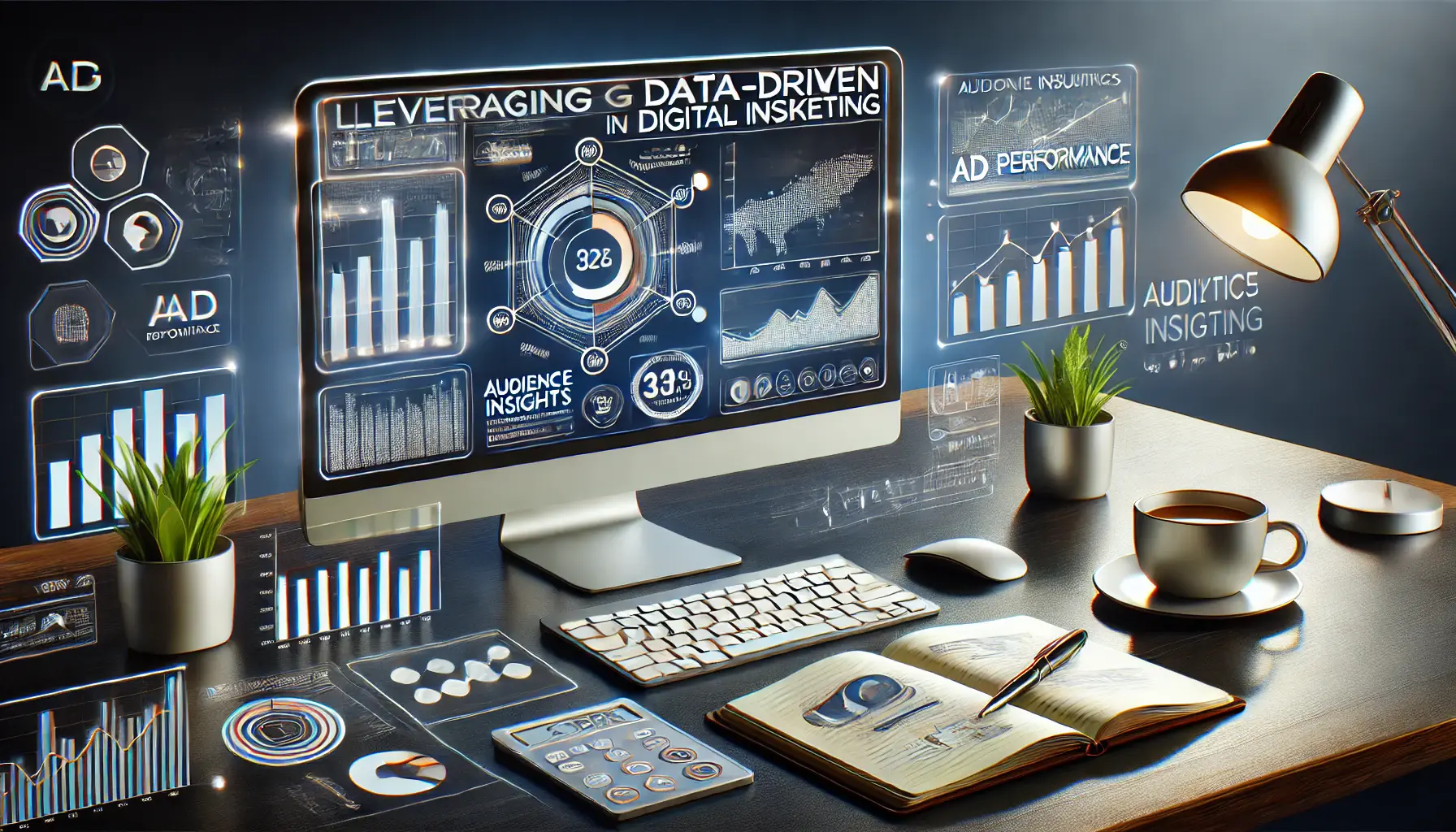 A digital marketing workspace showing data analysis tools, charts, and graphs representing audience insights and ad performance, surrounded by a coffee cup, notebook, and analytics reports.