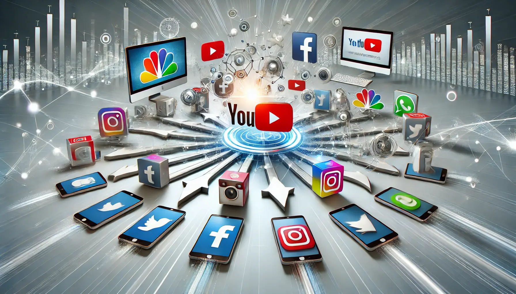 An illustration showing social media platforms like Instagram, Facebook, and Twitter connected to devices, symbolizing the integration for content promotion.