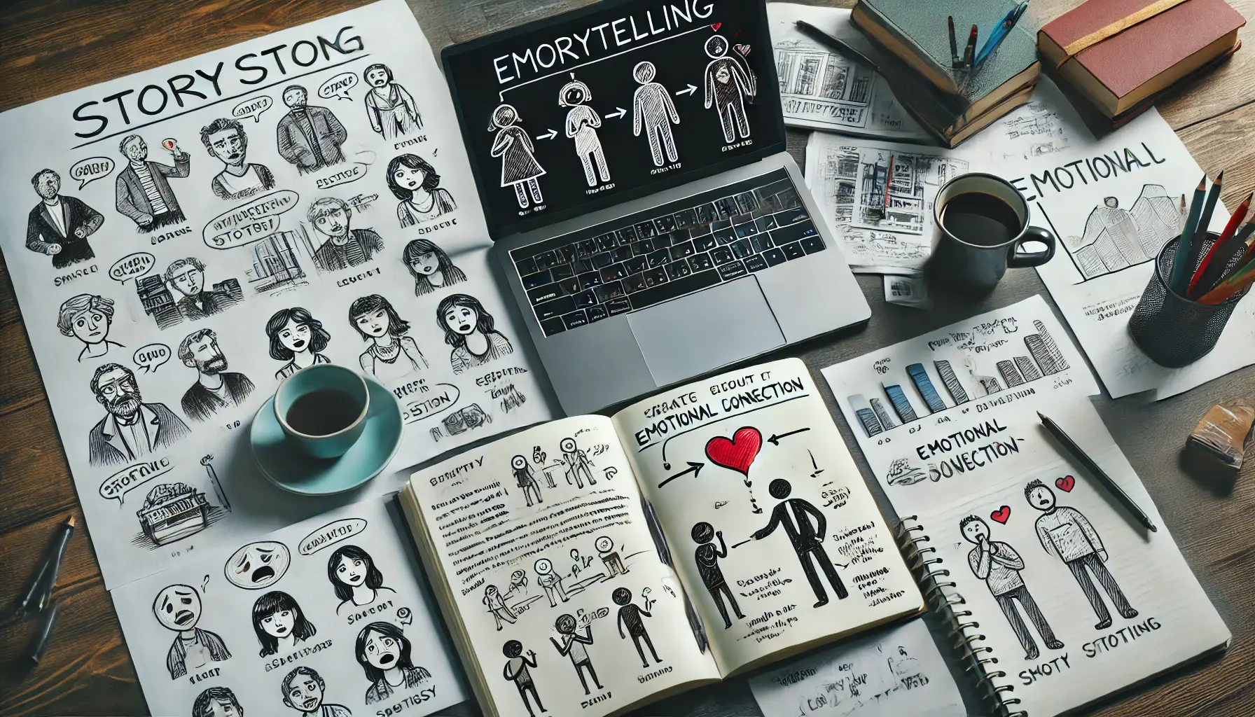 A creative workspace with a laptop displaying an open storybook, character sketches, and notes on emotional storytelling, highlighting the power of emotional connection.