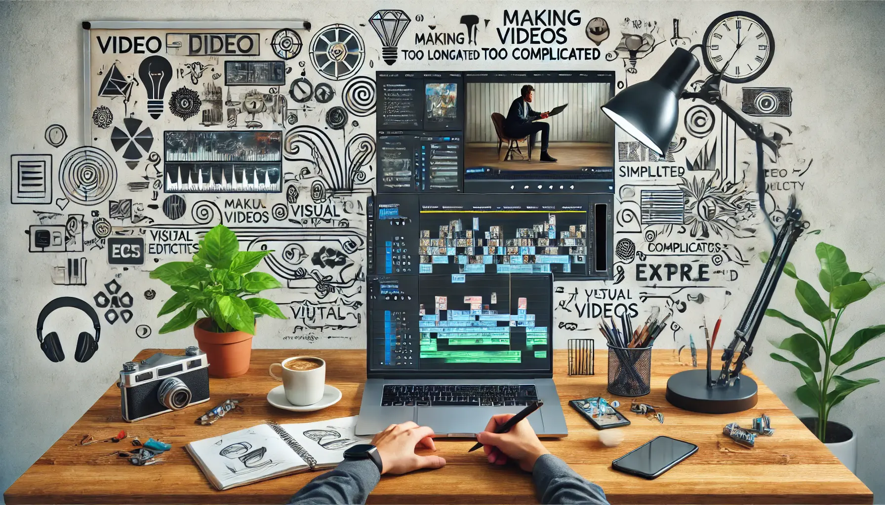 Professional workspace showing a laptop with a cluttered video editing timeline, representing complicated video creation.