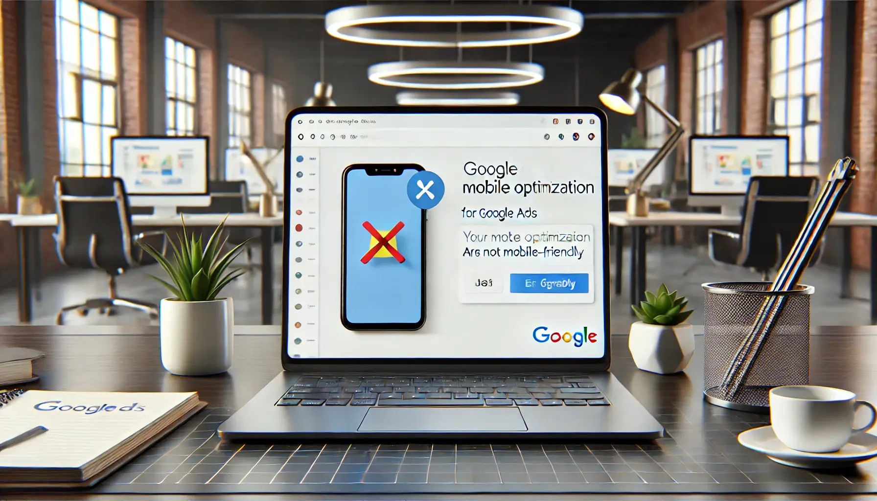 A digital workspace showing a laptop with a Google Ads campaign dashboard where ads are not optimized for mobile, with a mobile phone icon and error symbol.