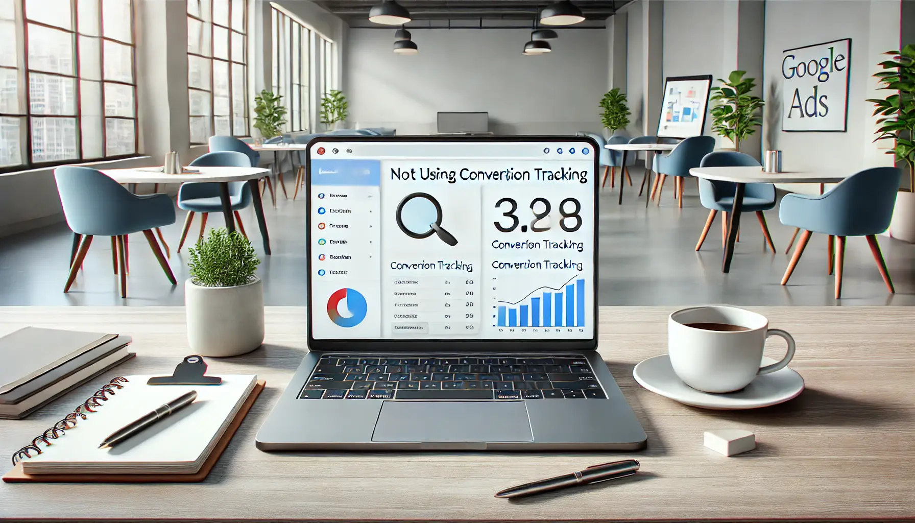 A modern office workspace with a laptop displaying a Google Ads dashboard with the conversion tracking section missing or inactive, surrounded by a notepad, coffee cup, and pen.