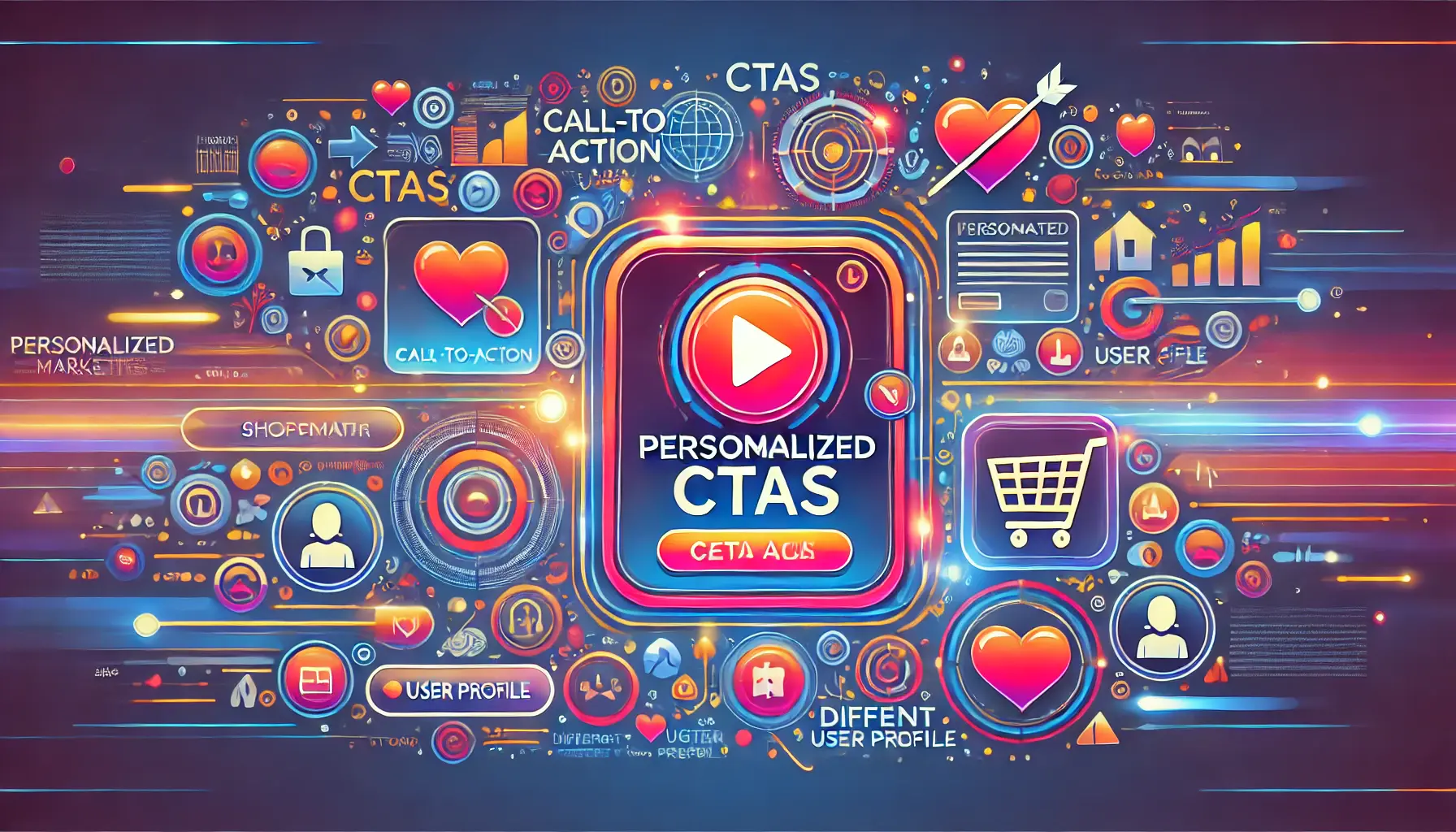 An image depicting a glowing call-to-action button surrounded by icons like a shopping cart, heart, and user profile, emphasizing personalization.