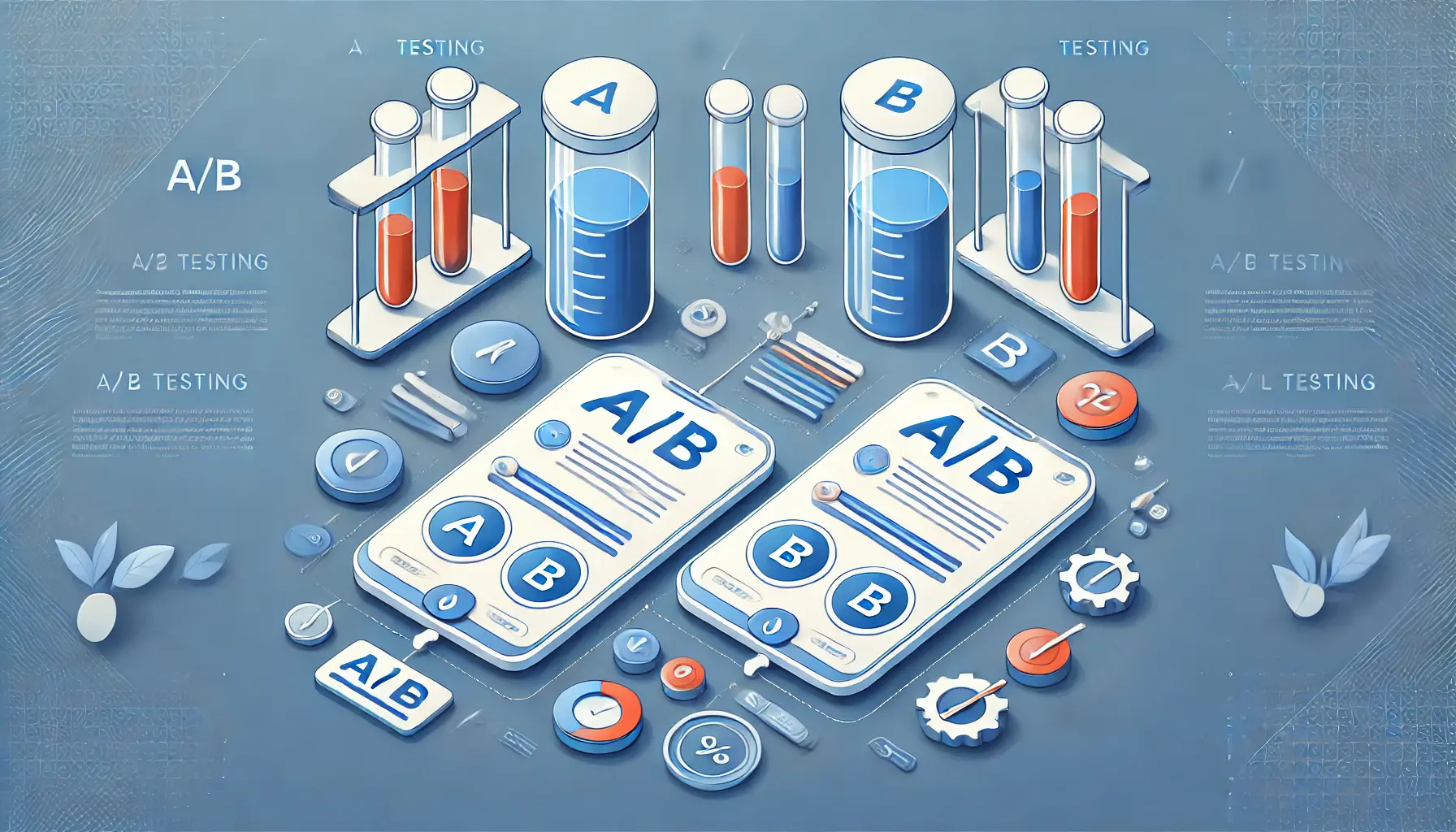 An illustration showing two versions of an ad side by side with visual elements like test tubes or sliders symbolizing the A/B testing process.