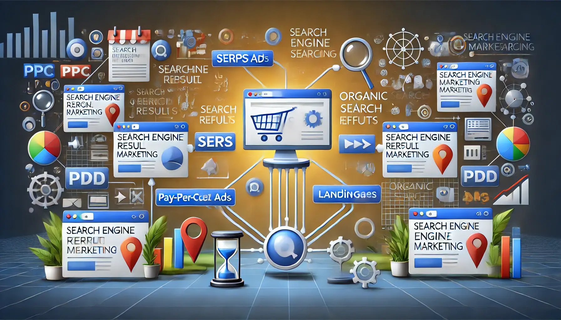 An image depicting search engine marketing alignment, with interconnected elements such as search engine result pages (SERPs), PPC ads, organic search results, and landing pages.