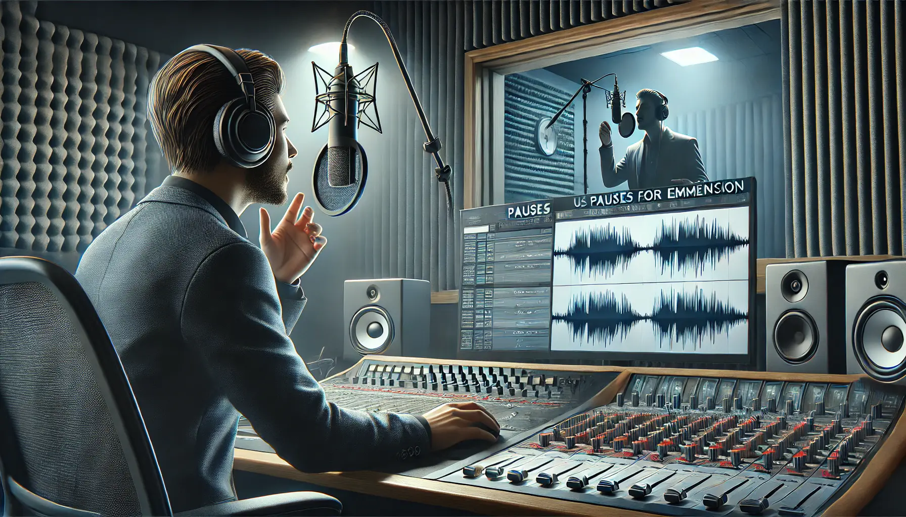 A voice actor in a recording booth with a noticeable pause in the waveform, while a sound engineer monitors the session.