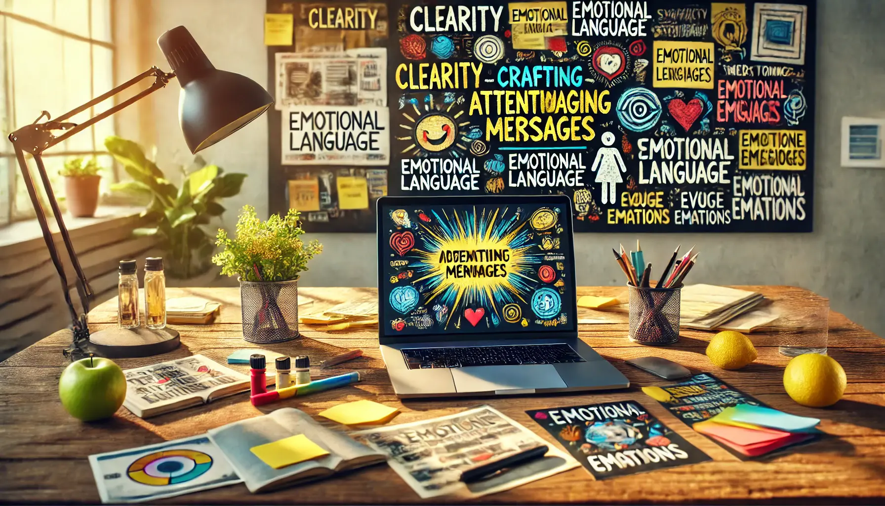 A creative workspace with a laptop displaying bold ad visuals, sticky notes with key messaging tips, and sketches reflecting emotional appeal and storytelling.