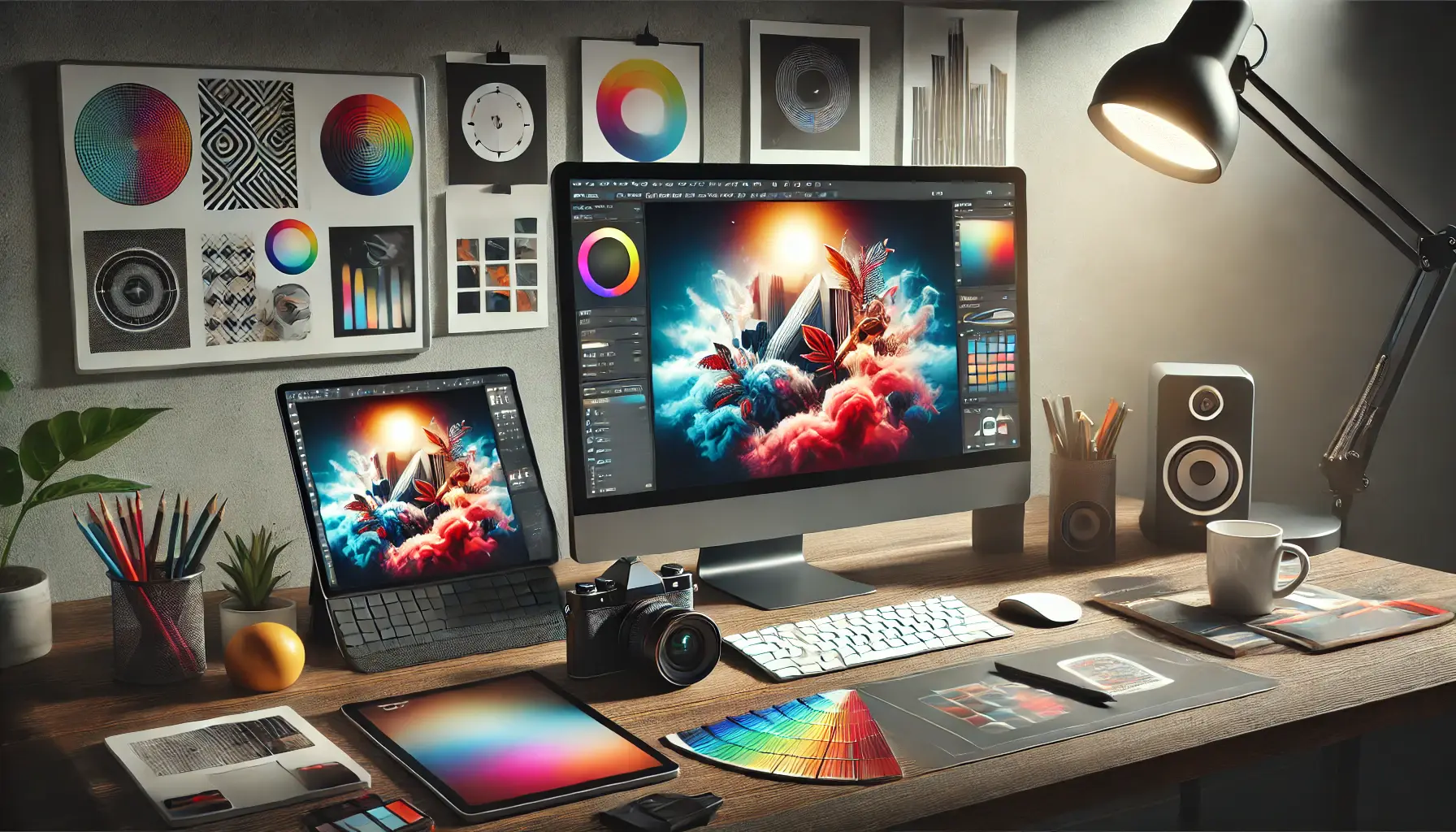 A professional workspace with a monitor displaying a high-resolution image, surrounded by creative tools like a camera and editing software.