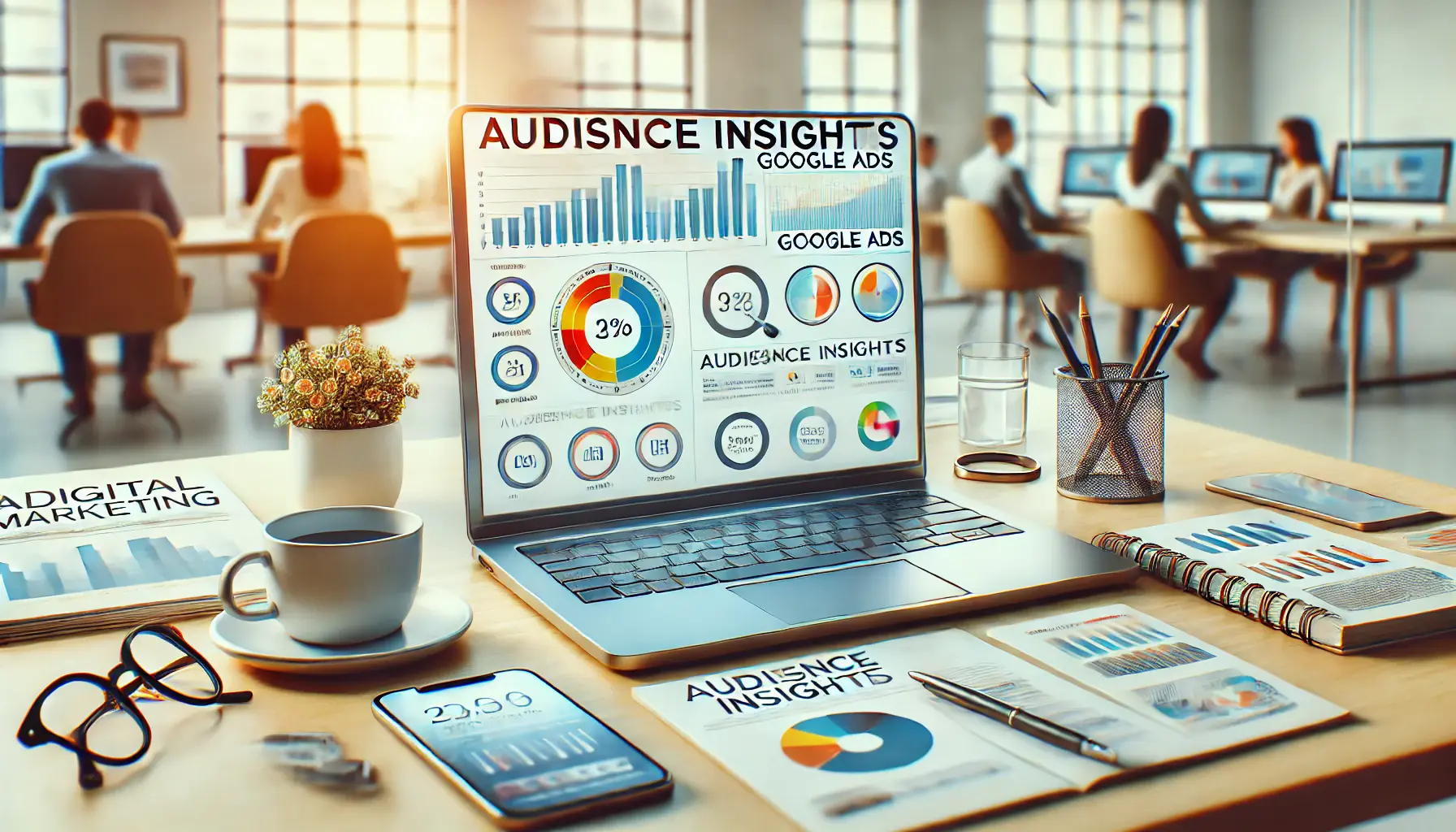 A modern workspace with a laptop displaying colorful analytics charts and graphs, surrounded by tools like notepads, a smartphone, and a coffee cup, symbolizing data-driven marketing insights.