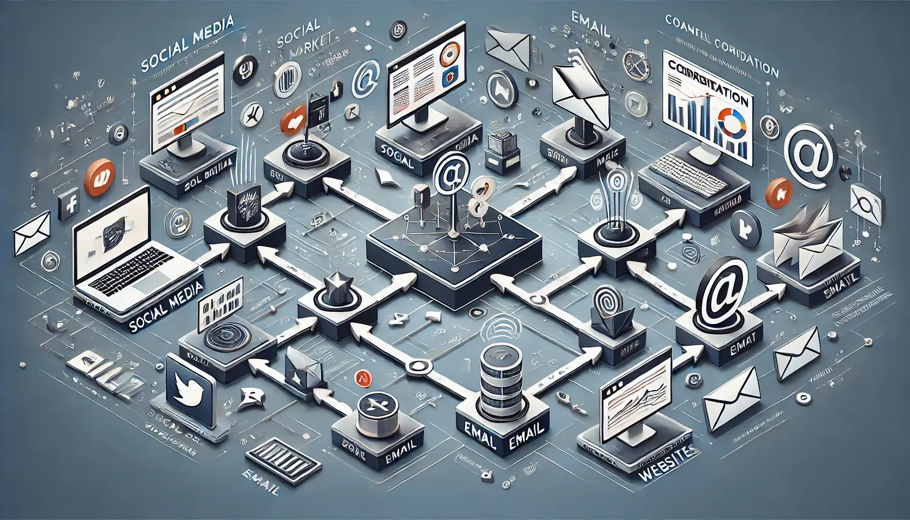 An image illustrating channel coordination in marketing, with platforms like social media, email, and websites connected through arrows to show seamless coordination.