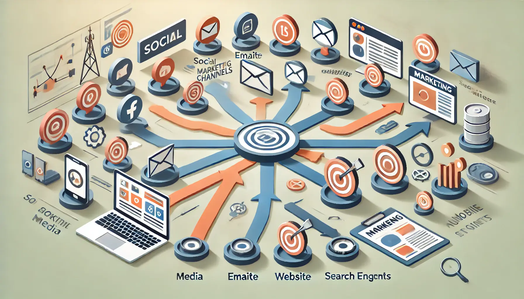 An image illustrating the process of choosing the right marketing channels, with icons representing social media, email, websites, and other platforms connected by arrows to show strategic selection.