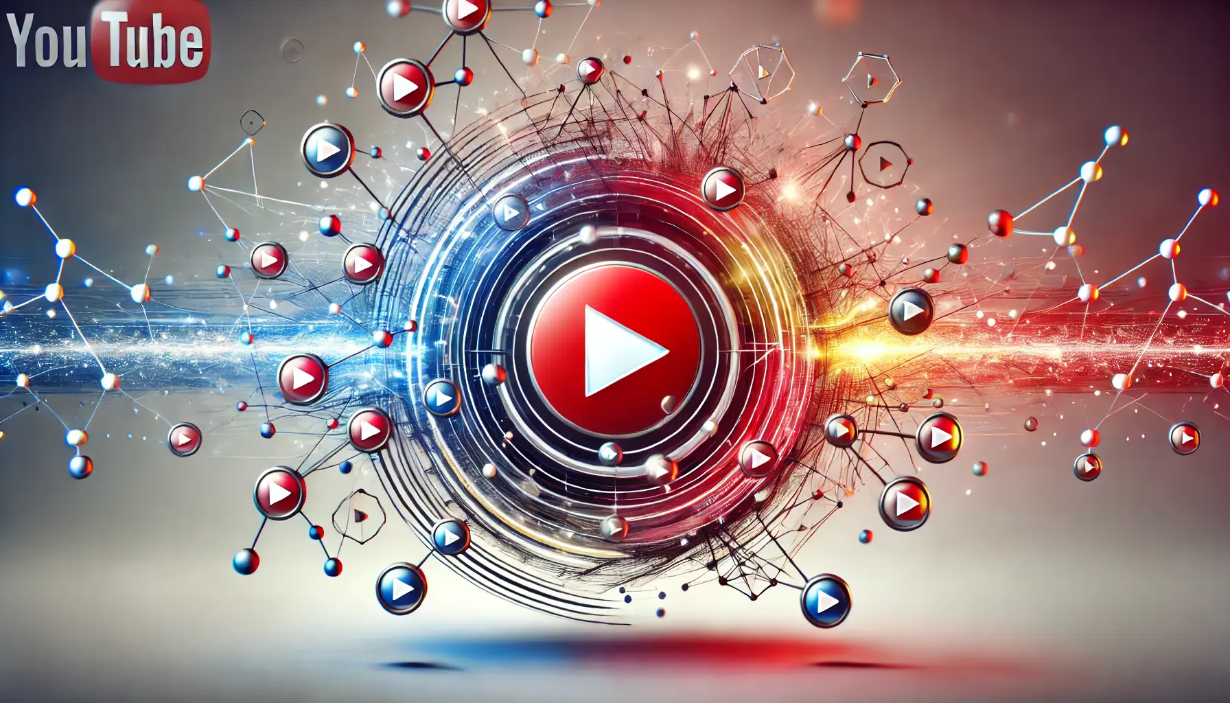 Abstract visual representing collaborative marketing strategies with interconnected nodes and a subtle YouTube play button motif on a red, white, and light grey gradient background.