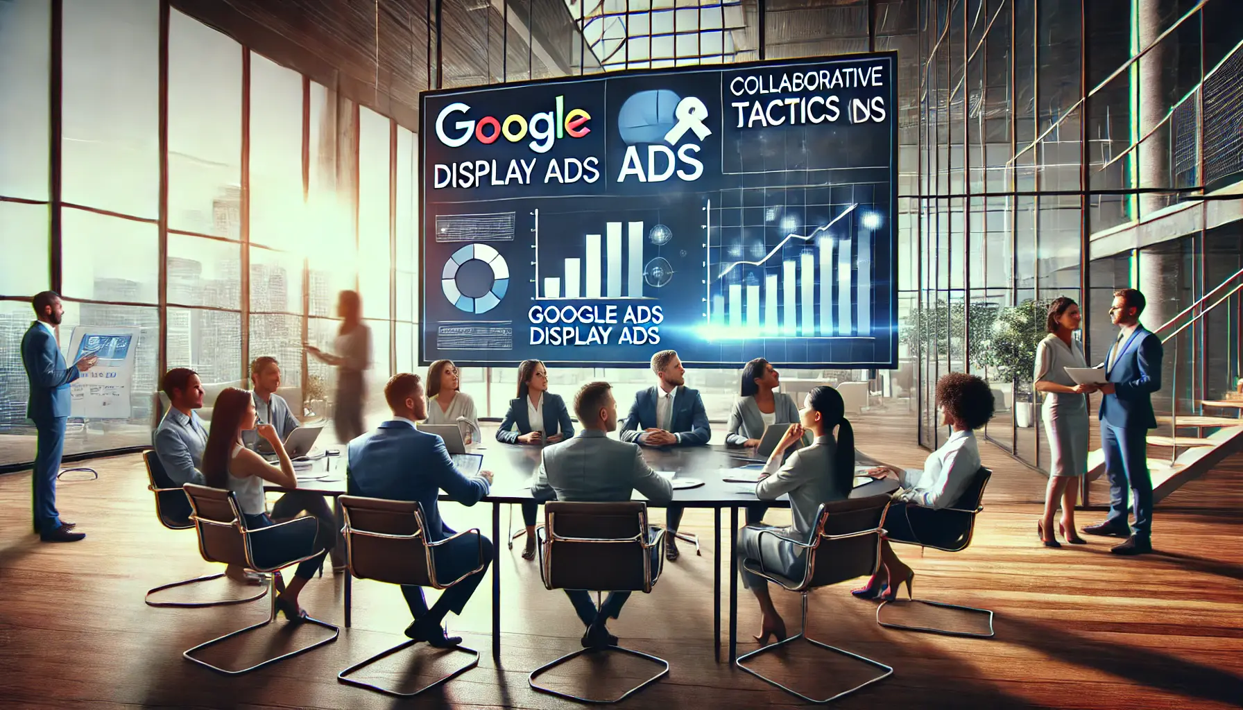 Diverse team collaborating in a modern office setting with a large screen displaying Google Ads charts and graphics.