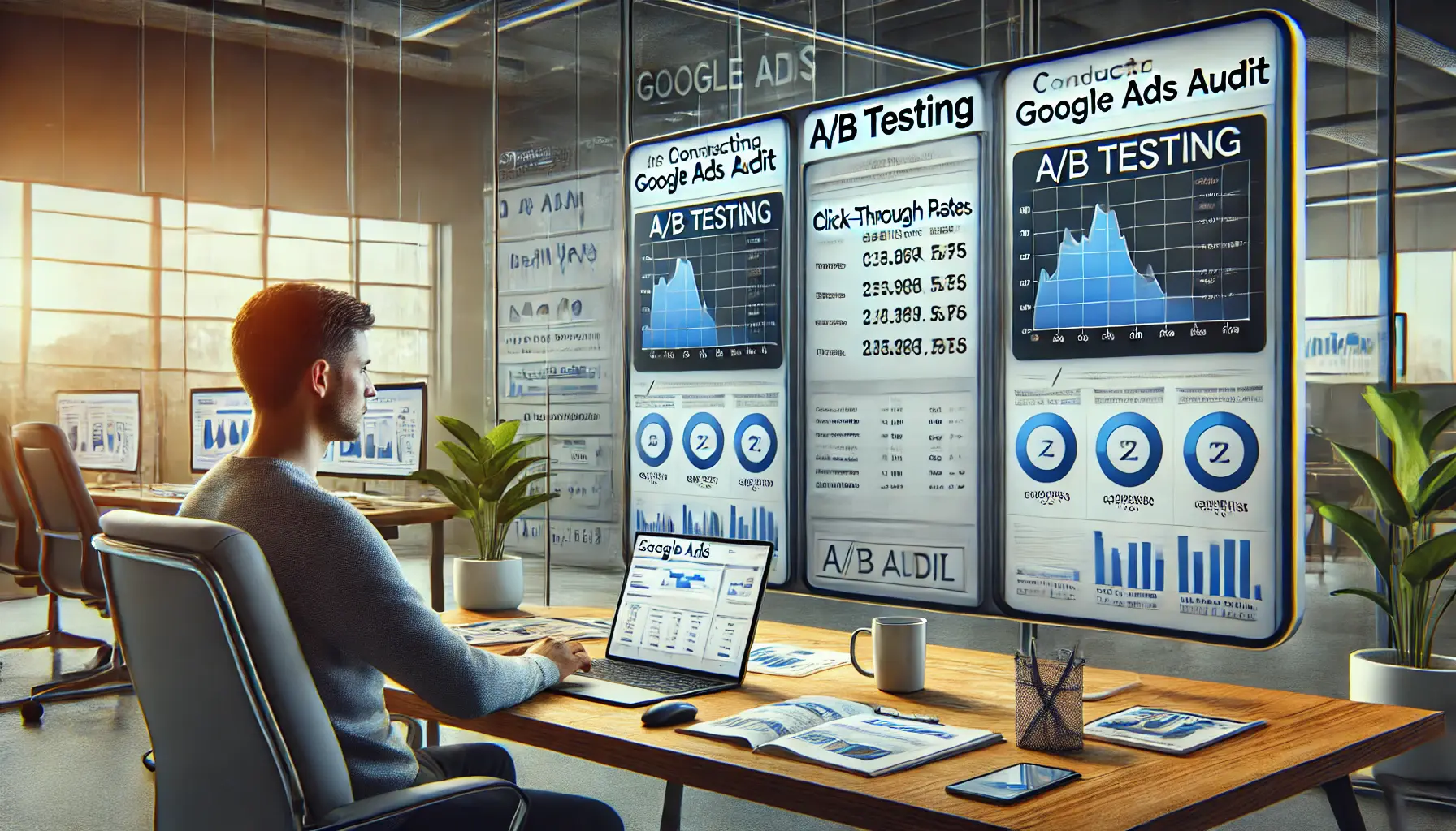 A digital marketer reviewing A/B test results with performance comparisons on a large screen in a modern office.