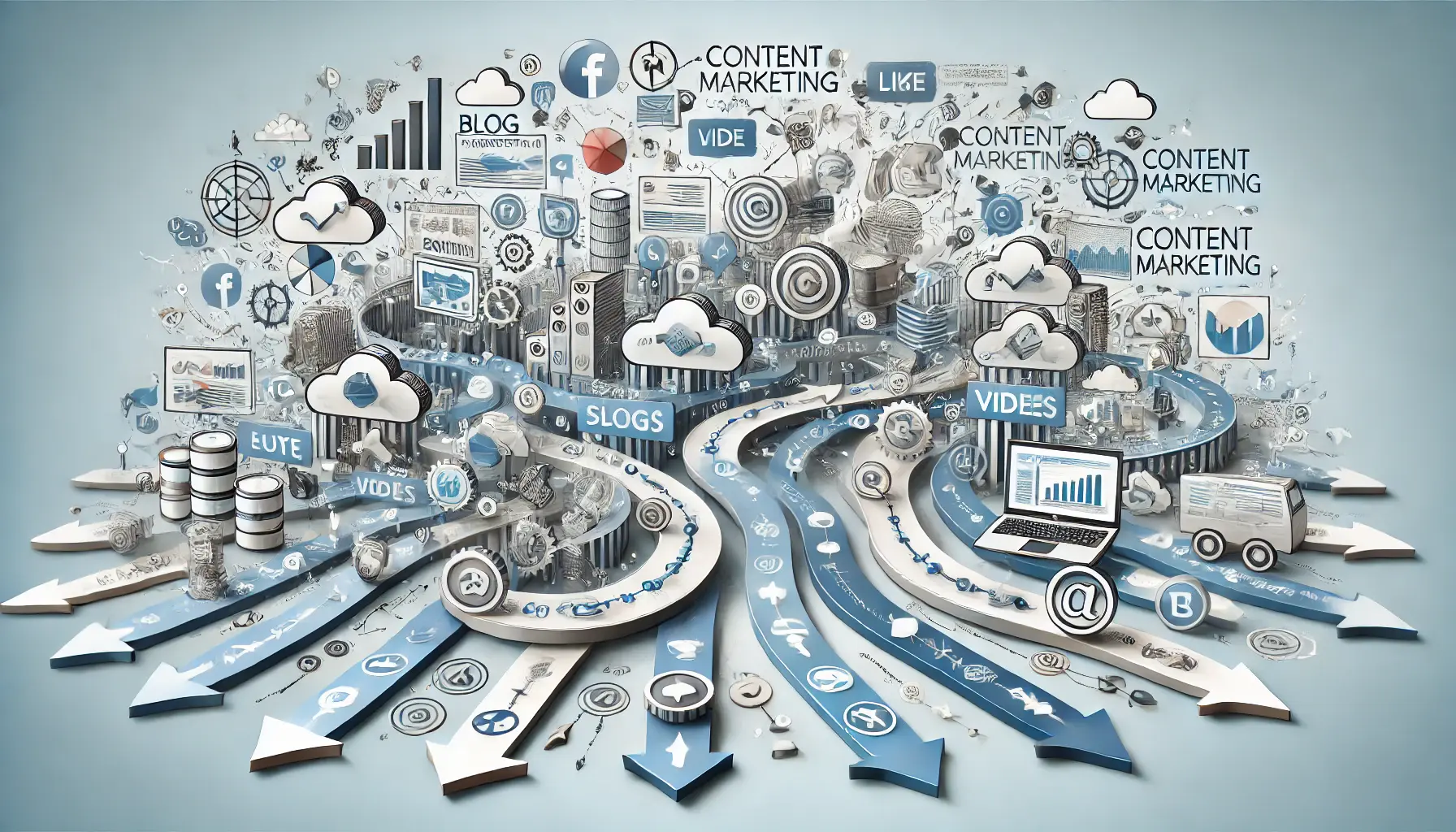 An image illustrating content marketing synchronization, showing interconnected content types like blog posts, videos, and social media posts flowing through various platforms.