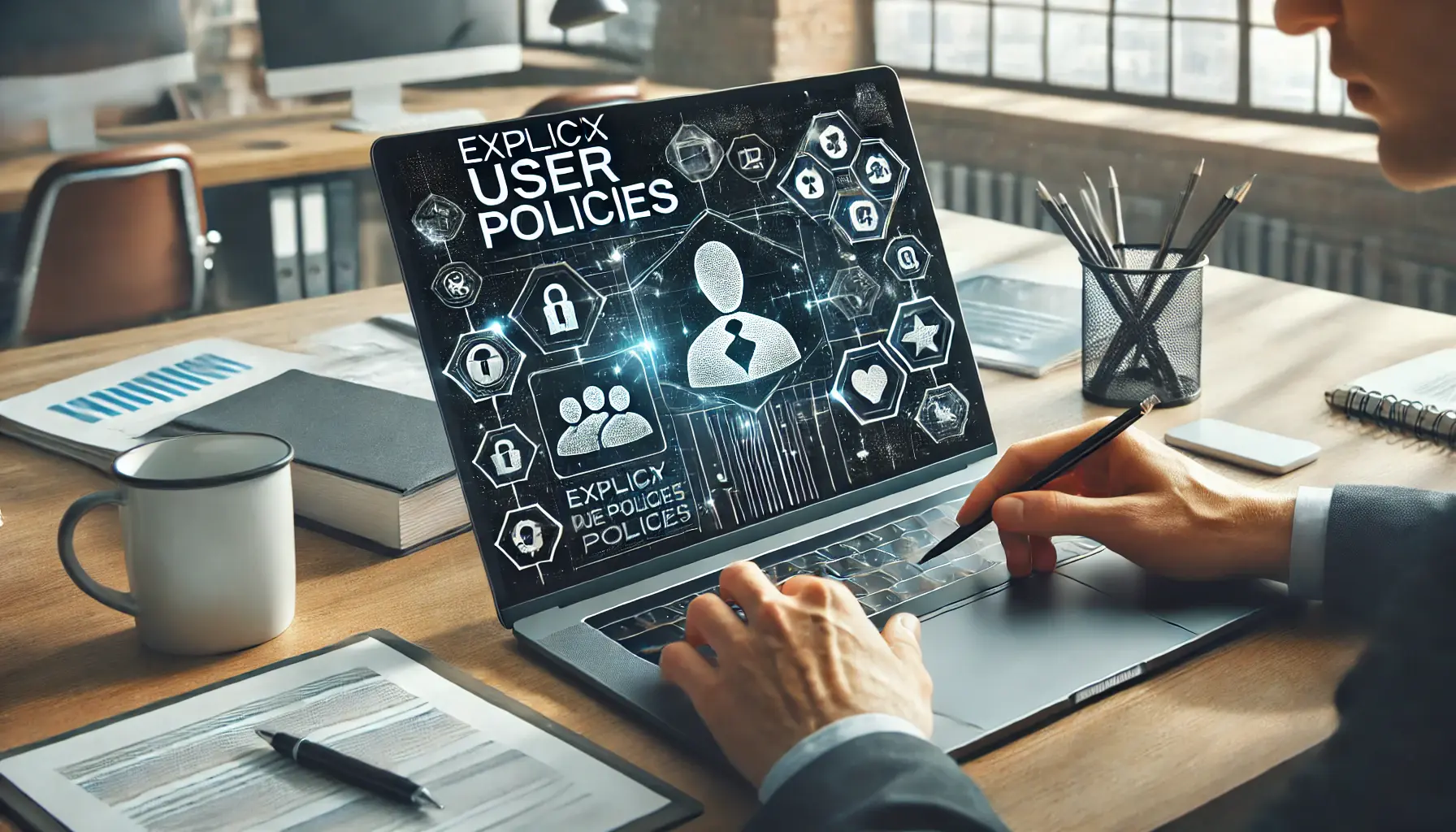 A person creating explicit user policies on a laptop in a modern office, symbolizing the process of writing clear and structured policies.