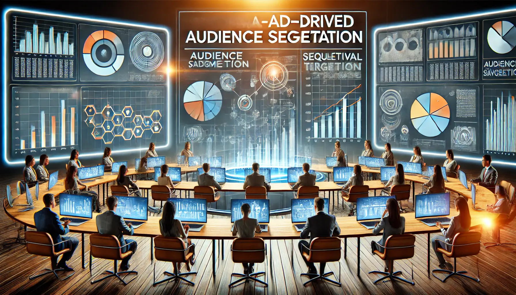 Analyzing charts, graphs, and data clusters on screens to symbolize audience segmentation for advertising campaigns.