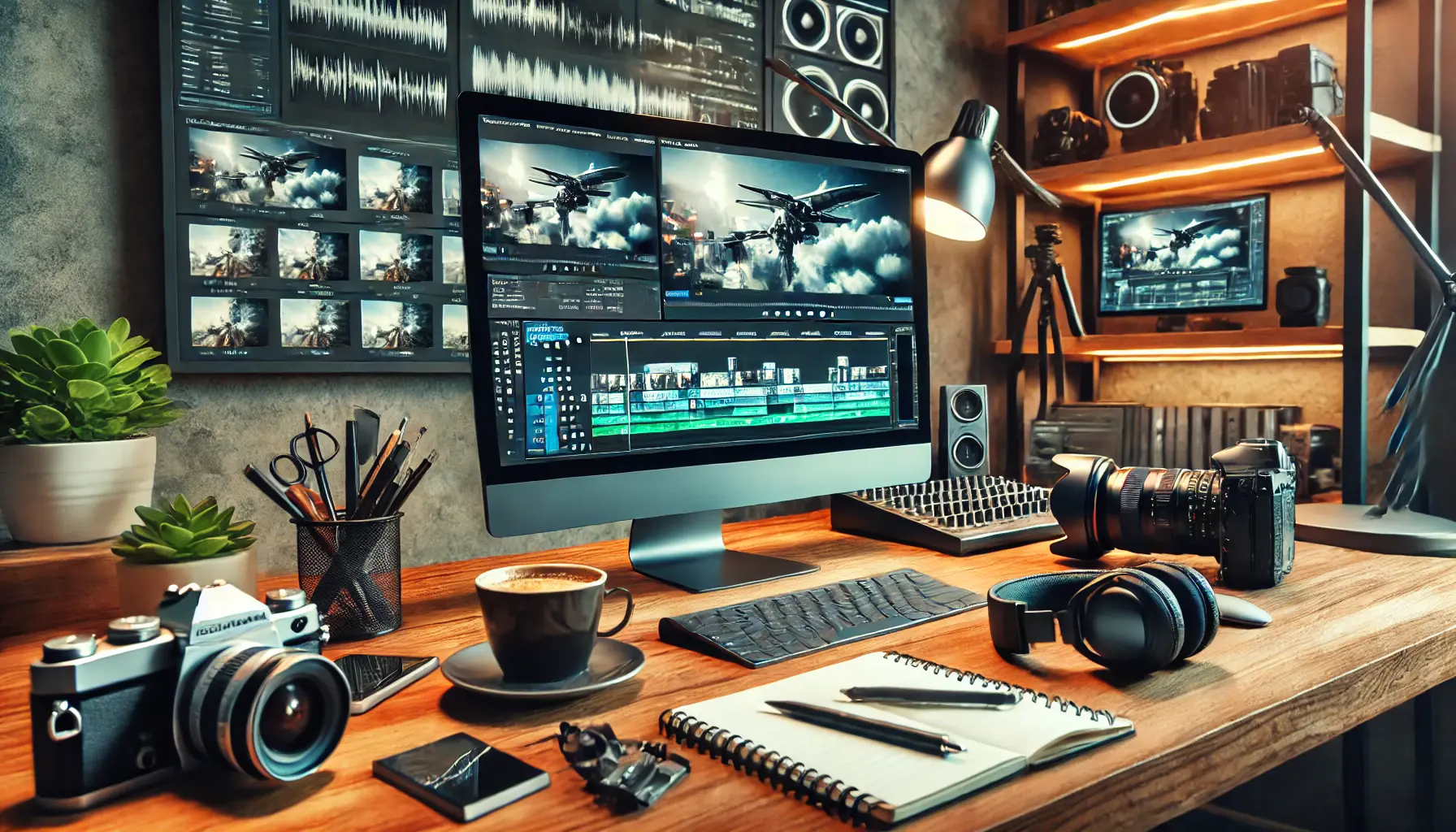 Professional workspace with a large monitor displaying video editing software and video production equipment on the desk.