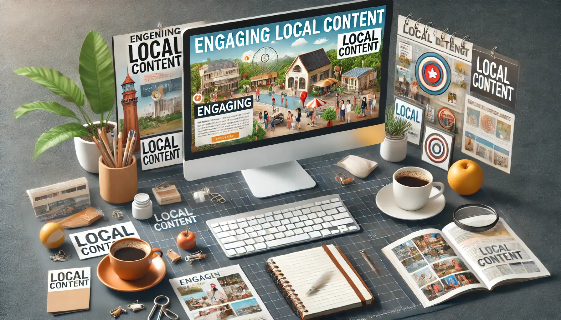 A digital marketing workspace displaying an ad campaign with local content featuring community events, landmarks, and cultural elements, surrounded by a notebook, coffee cup, and photographs.