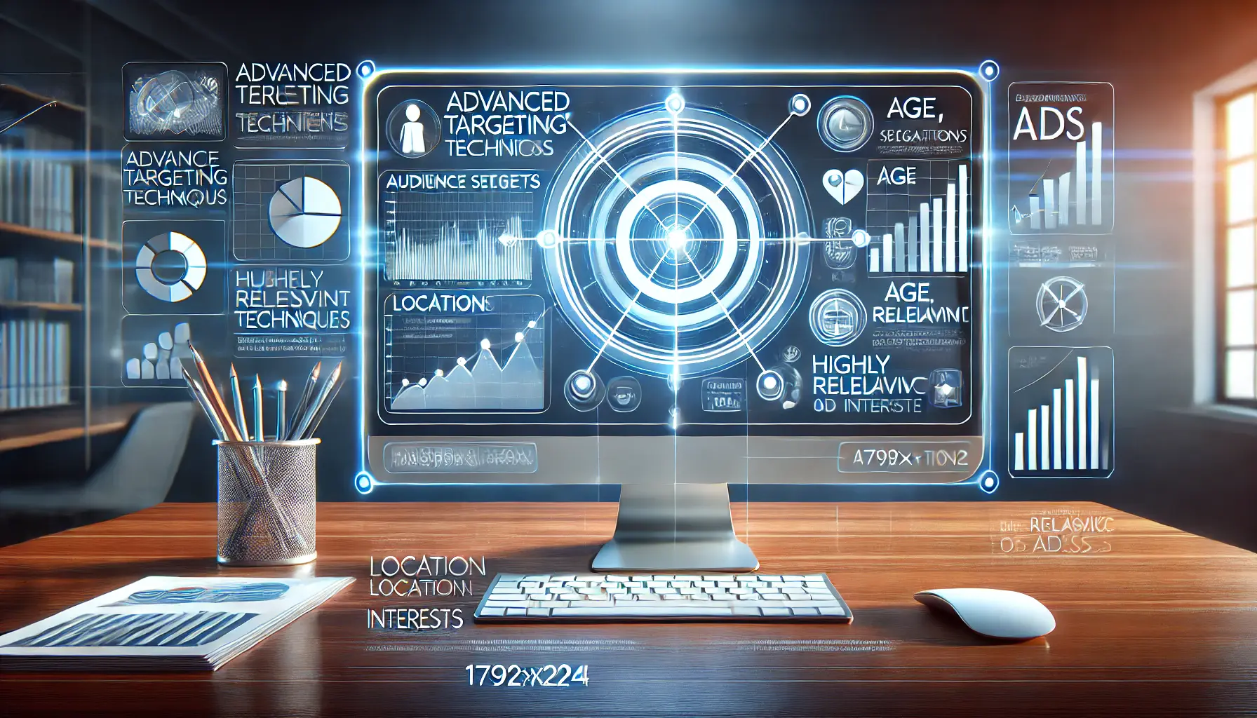 An illustration of advanced targeting techniques in advertising, showing audience segments like age, location, and interests on a computer screen.