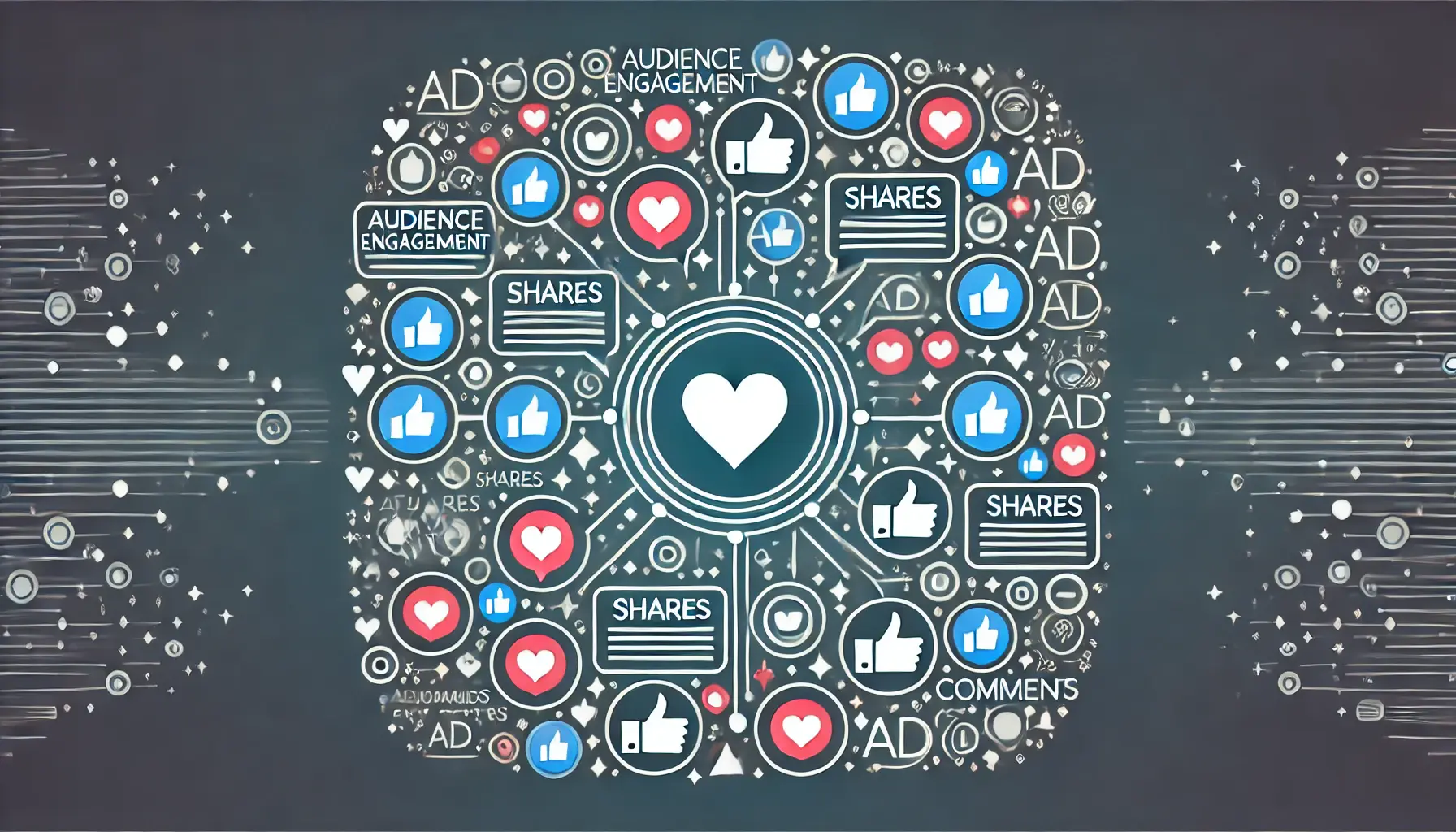 An illustration showing engagement symbols like hearts, thumbs up, and shares surrounding a central ad icon, symbolizing audience interaction.