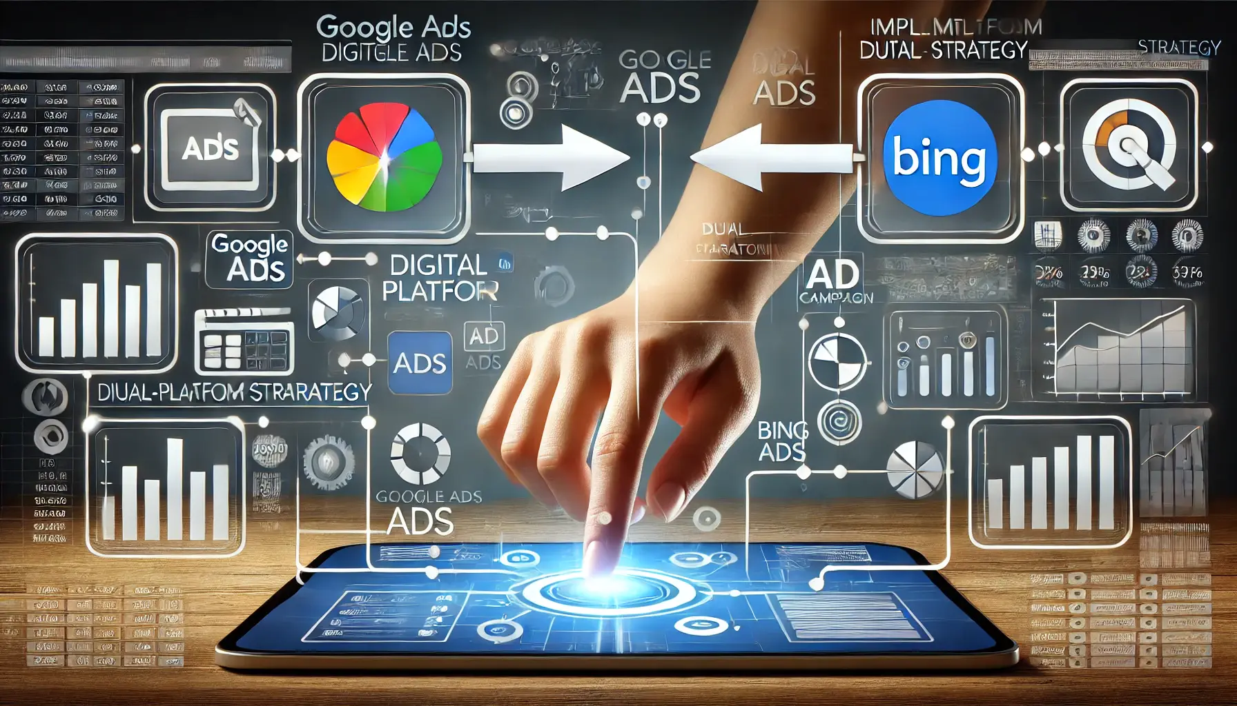 Illustration showing Google Ads and Bing Ads icons connected by arrows, symbolizing a dual-platform strategy in digital marketing.