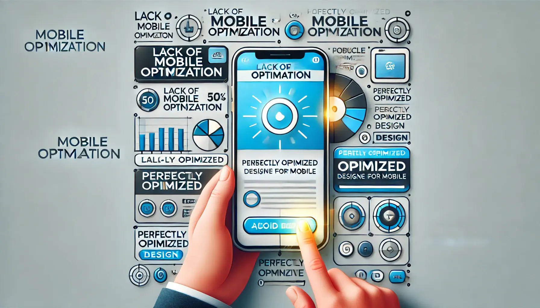 An image showing a poorly displayed digital ad on a mobile screen, contrasted with a glowing, optimized call-to-action button designed for mobile devices.