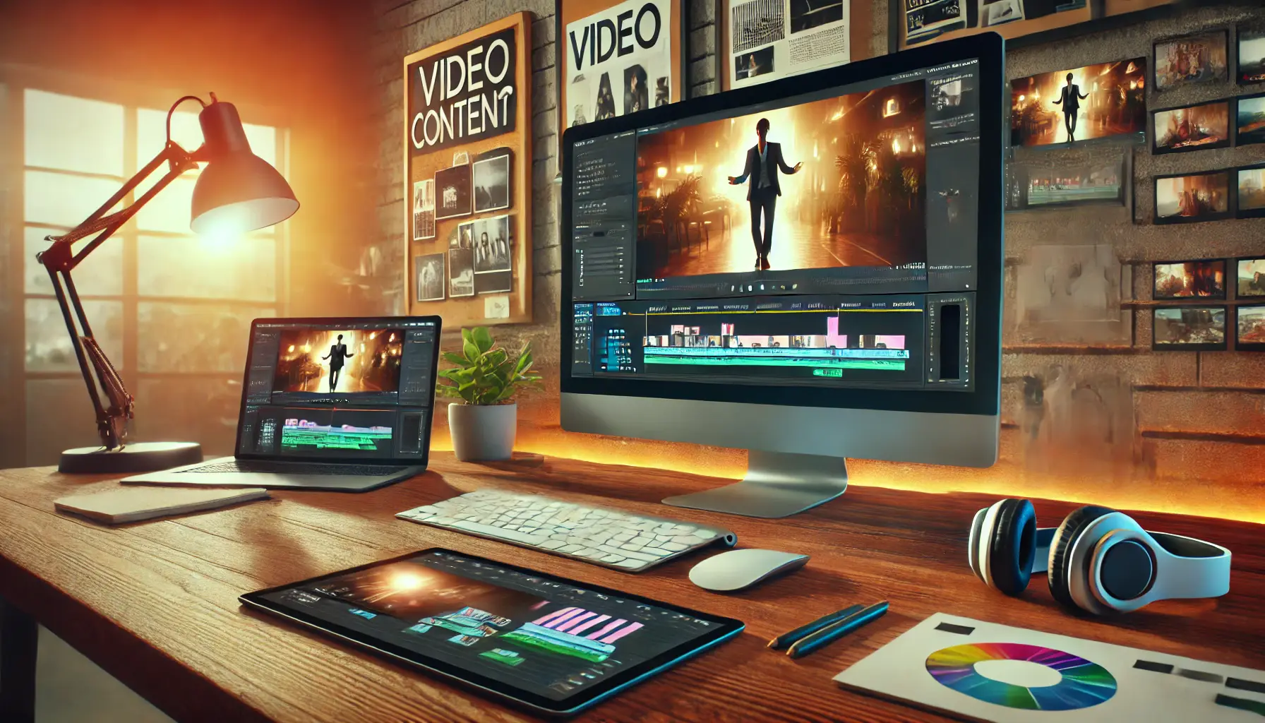 A workspace with a monitor displaying a vibrant video ad and video editing tools, emphasizing impactful video content.