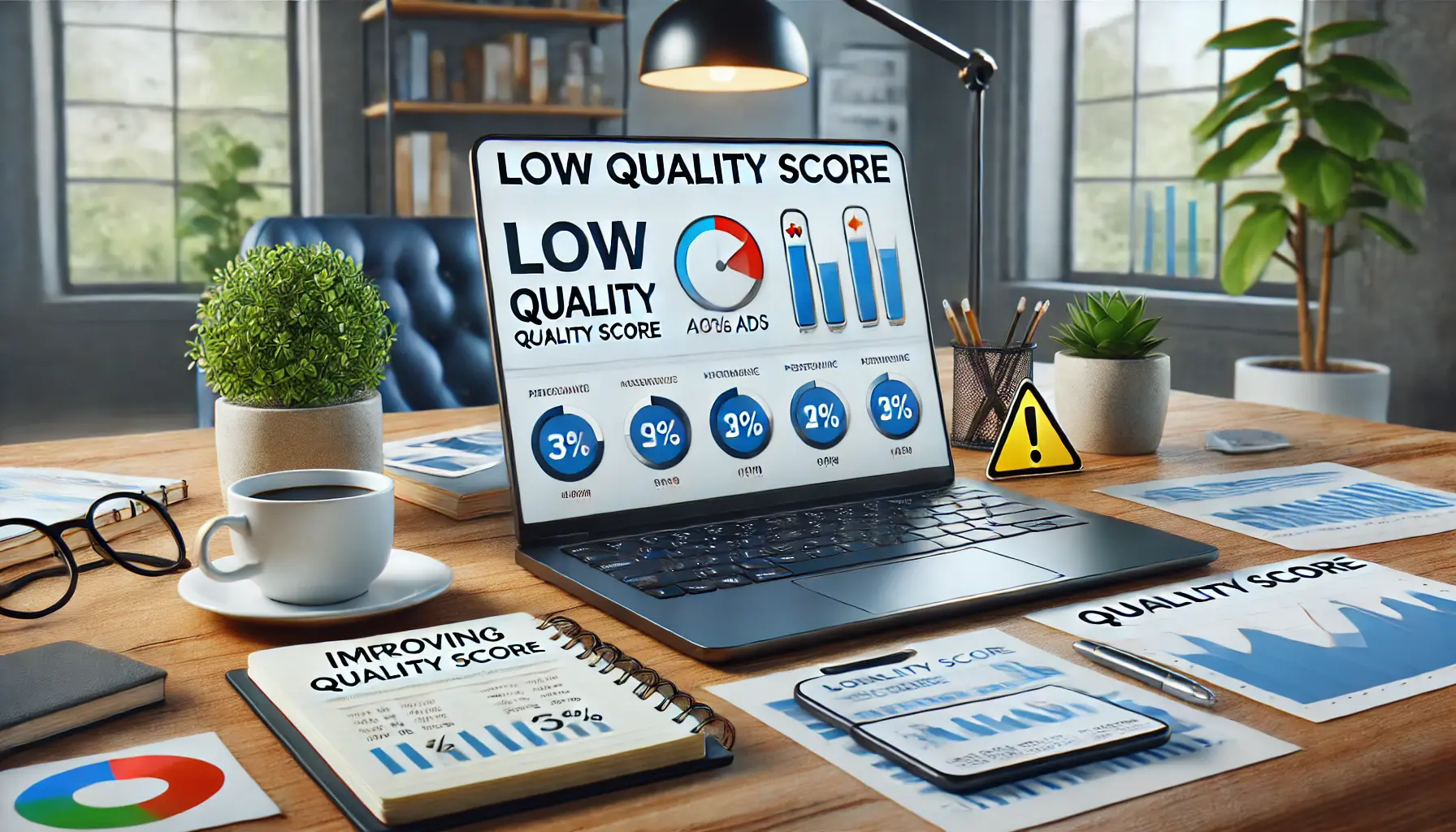 A laptop displaying a Google Ads dashboard with low quality score metrics and warning indicators, surrounded by a smartphone, notebook, coffee cup, and performance charts in a modern office setting.