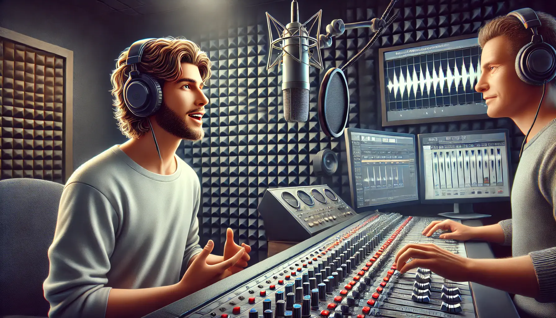 A voice actor in a recording booth maintaining a conversational tone while speaking into a microphone, with a sound engineer monitoring the session.