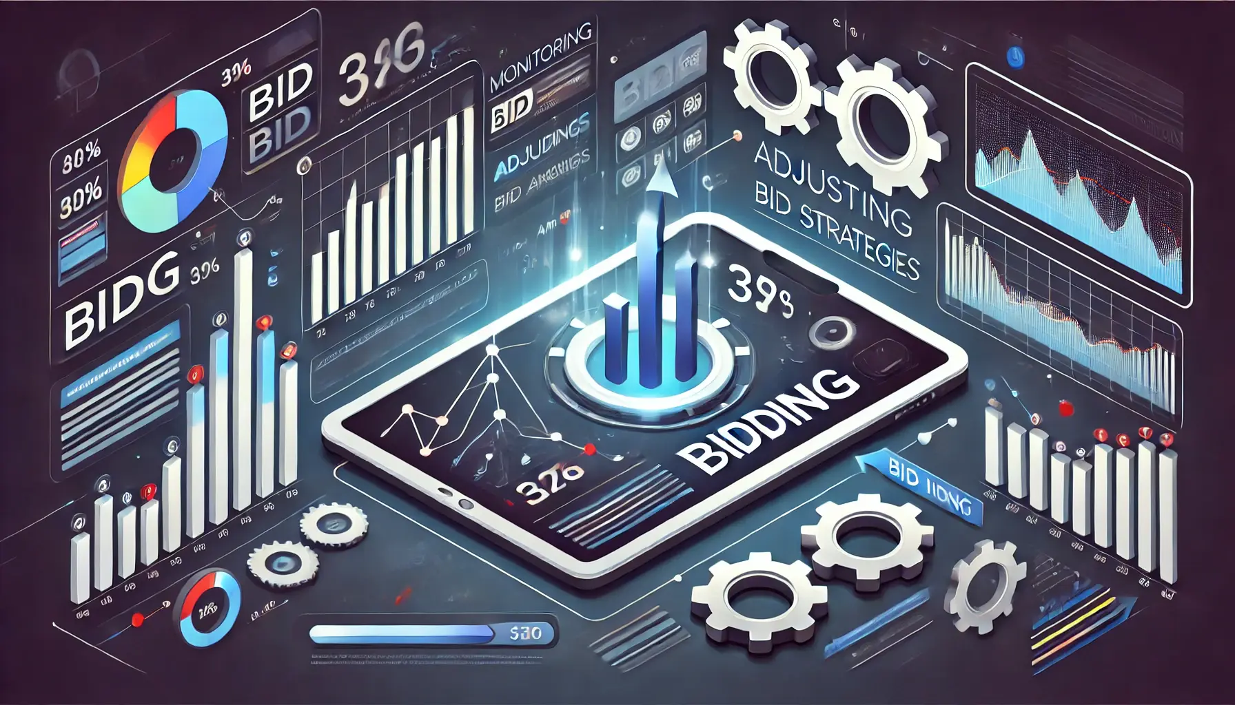 An illustration featuring a digital dashboard with fluctuating bid amounts, graphs, and gears symbolizing the adjustment of bidding strategies.