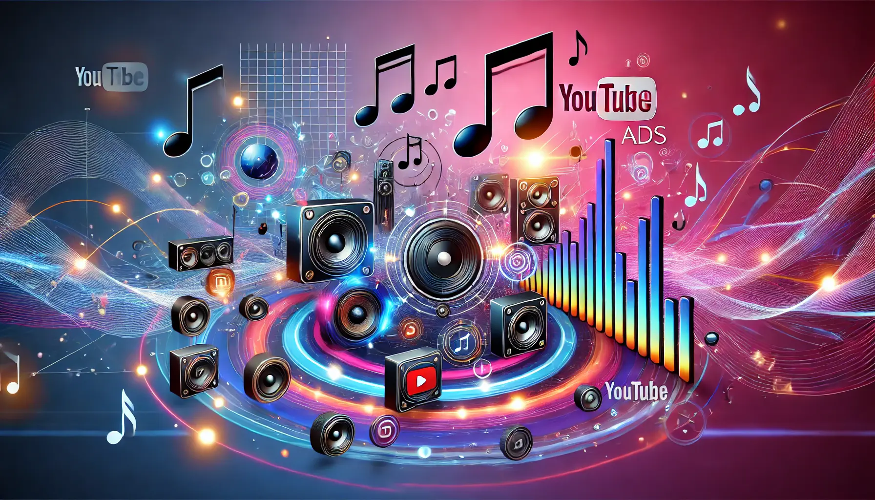 Abstract image featuring music notes, sound waves, and digital icons representing strategies for music and sound in YouTube ads.