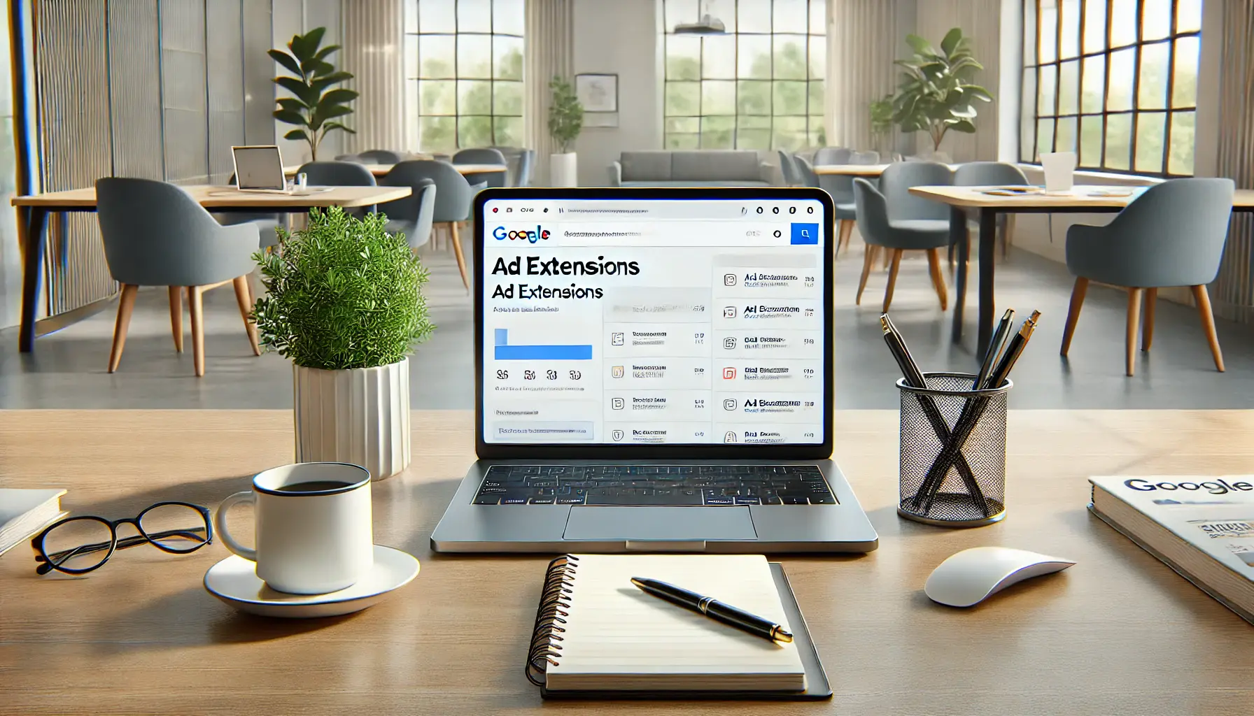 A modern office workspace with a laptop displaying a Google Ads campaign dashboard with the ad extensions section missing or inactive, surrounded by a notepad, coffee cup, and pen.