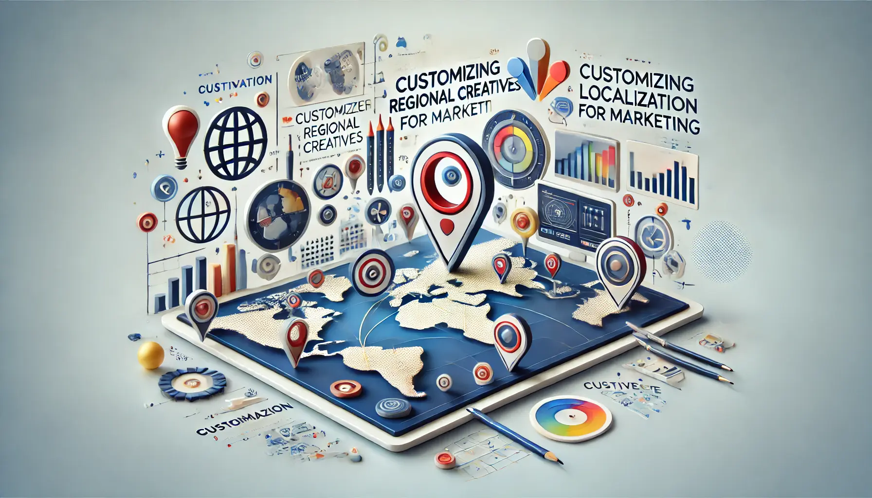 Abstract image symbolizing the customization of regional creatives, featuring maps, regional icons, and digital design tools.