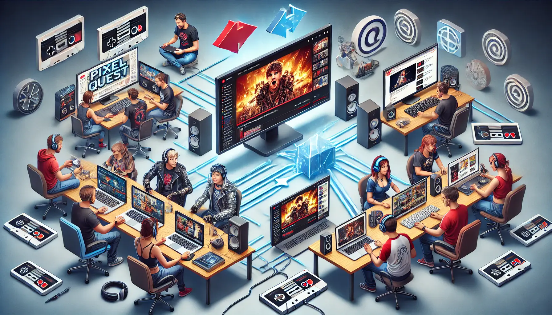 An illustration showing two gaming creators, PixelQuest and RetroGamer, collaborating on a video about classic video game soundtracks.