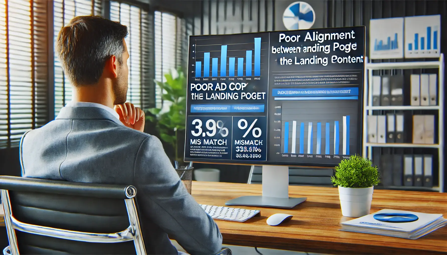 A digital marketing professional reviewing performance data showing poor alignment between ad copy and landing page content in a modern office.